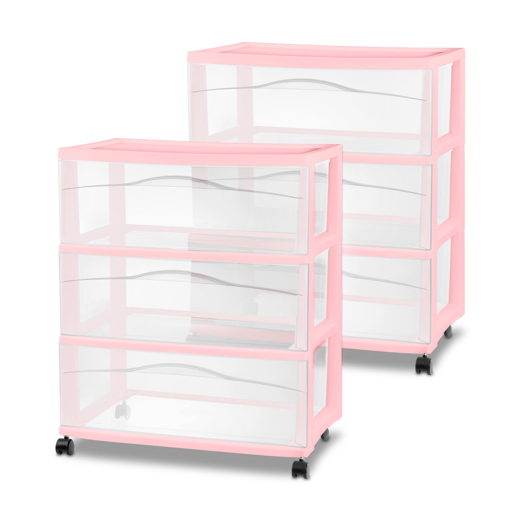 Front. Sterilite - Sterilite Wide 3 Drawer Storage Cart, Plastic Rolling Organization, Pink, 2 Pack - Pink.