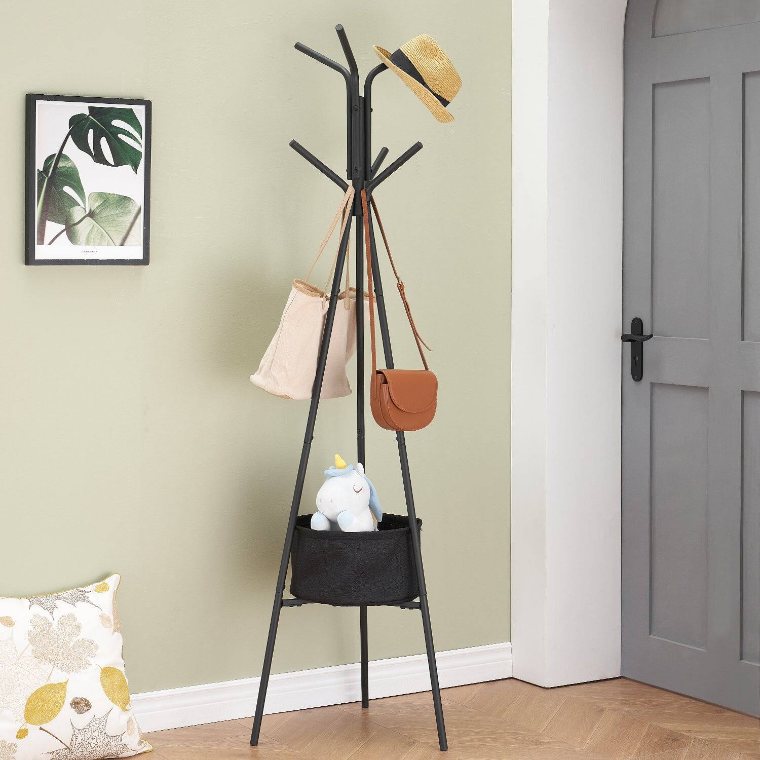 Angle. Vecelo - Coat Rack with Storage Basket & Shelf - Wall Mount Key Organizer with Hooks, Space-Saving Entryway Organizer - Black.