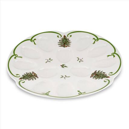 Front. Spode - Spode Christmas Tree Devilled Egg Dish 13-Inch Platter Green - Multicolored.