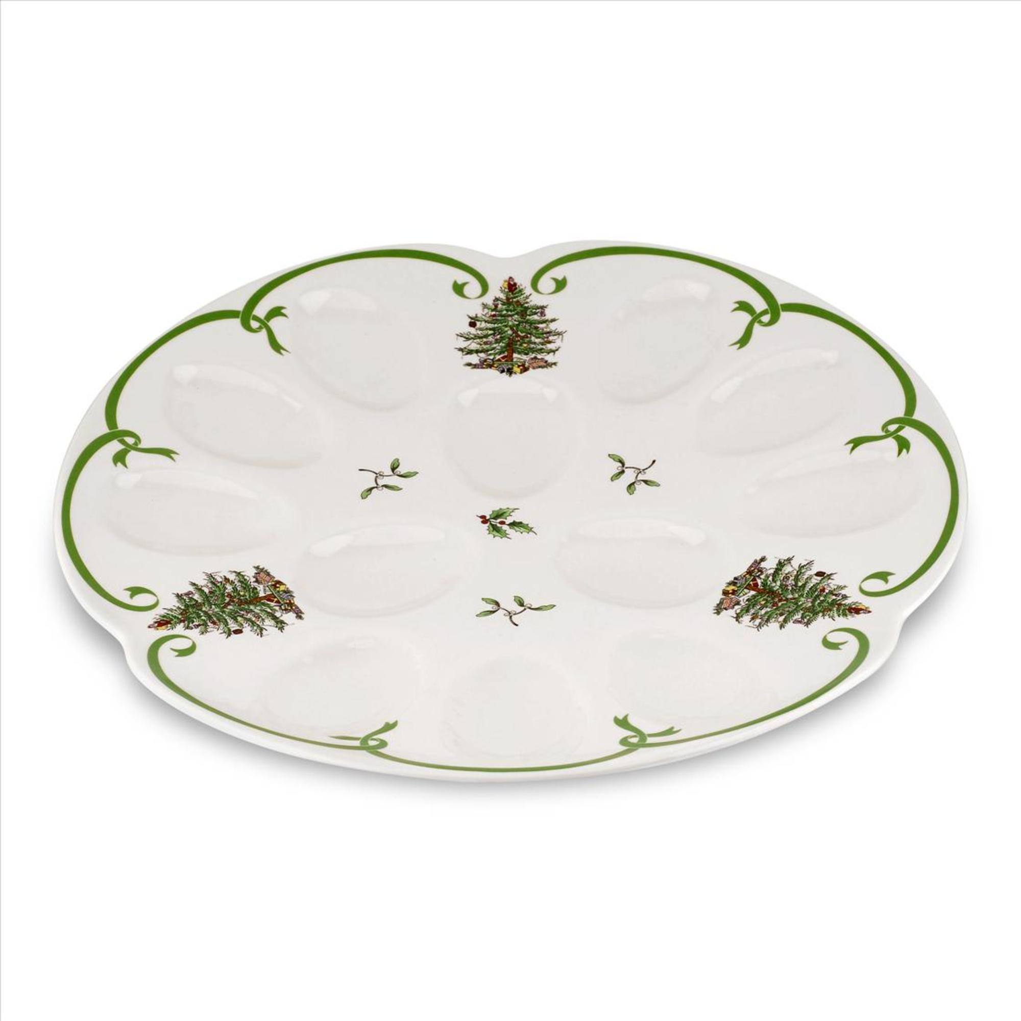 Front. Spode - Spode Christmas Tree Devilled Egg Dish 13-Inch Platter Green - Multicolored.