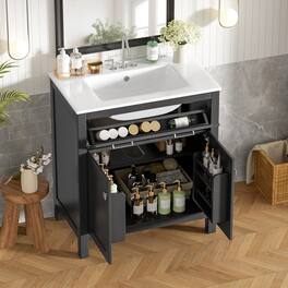 Loheer - 30 Inch Bathroom Vanity with Ceramic Sink, Freestanding Single Sink Vanity with 2 Doors and Flip-Out Drawer - Black