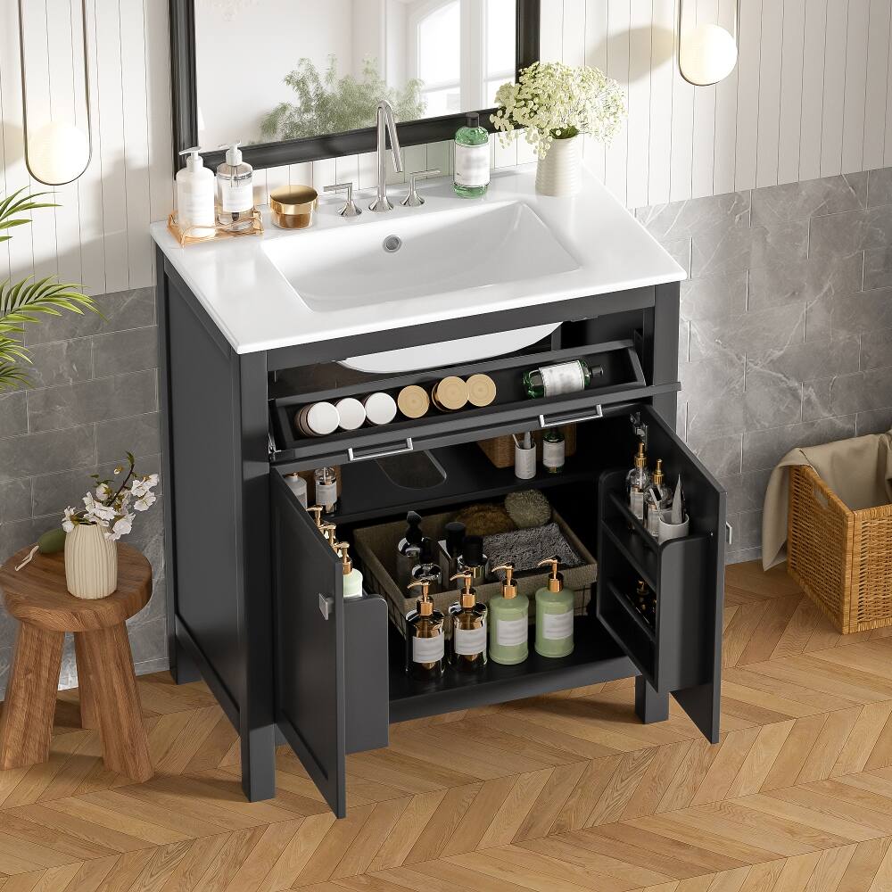 Front. Loheer - Loheer 30 Inch Black Bathroom Vanity with Ceramic Sink, Freestanding Single Sink Vanity with 2 Doors and Flip-Out Drawer - Black.