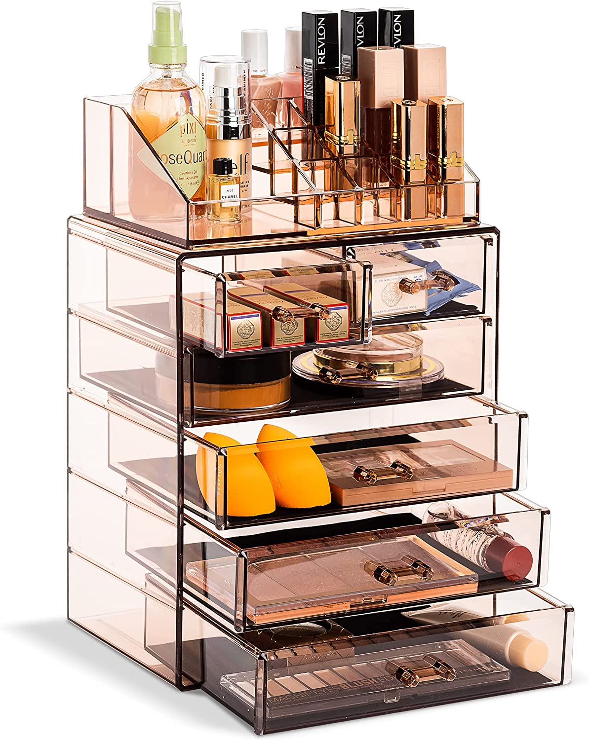 Sorbus - 2 Piece Acrylic Makeup and Jewelry Storage Organizer Case (6 Drawers and Lipstick Tray) - Brown