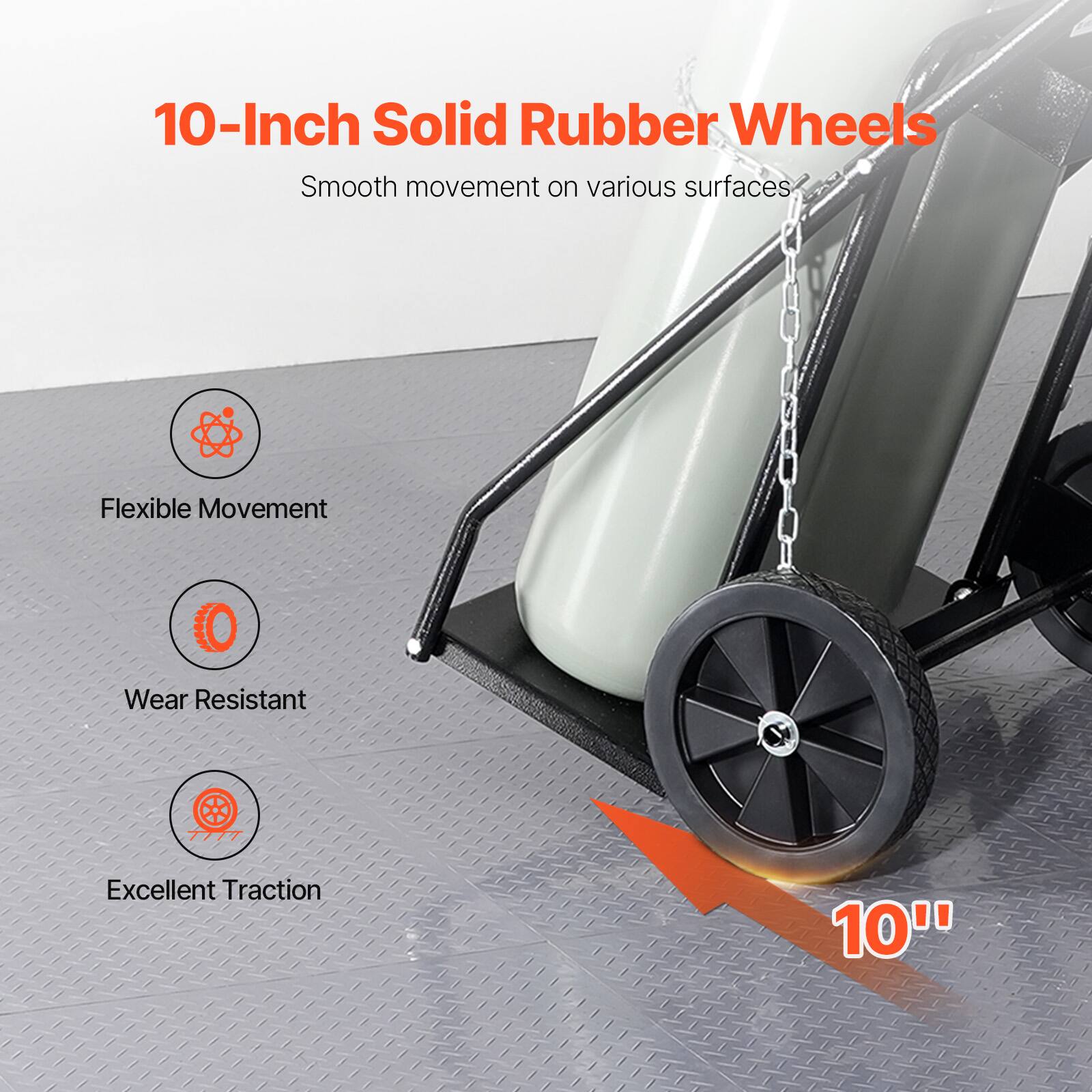 10-Inch Solid Rubber Wheels, Smooth movement on various surfaces, Flexible Movement, Wear Resistant, Excellent Traction, 10"