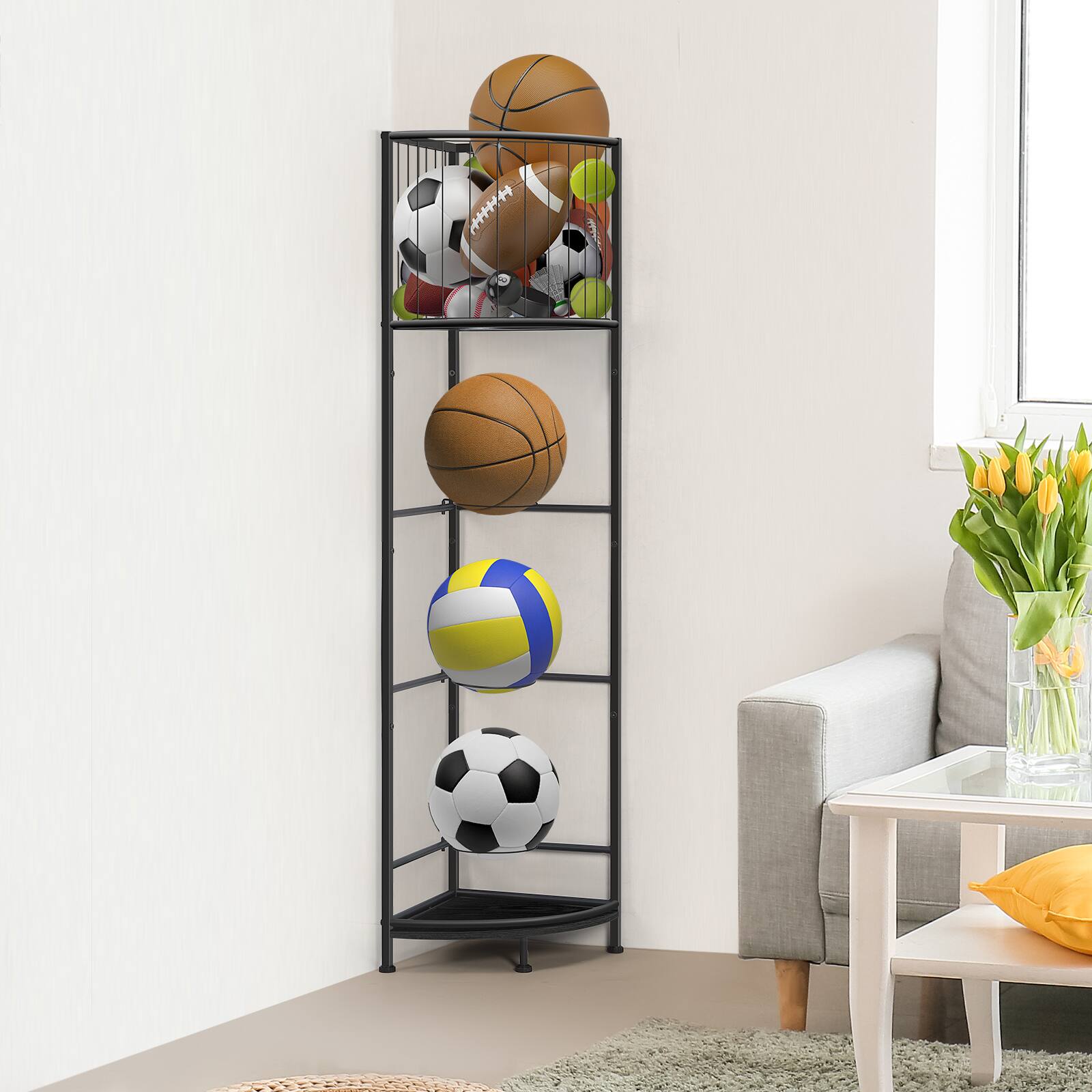 Alt View 1. Oumilen - 3-Tier Corner Sports Ball Storage Rack, Black Metal Vertical Basketball Soccer Volleyball Organizer - Black.