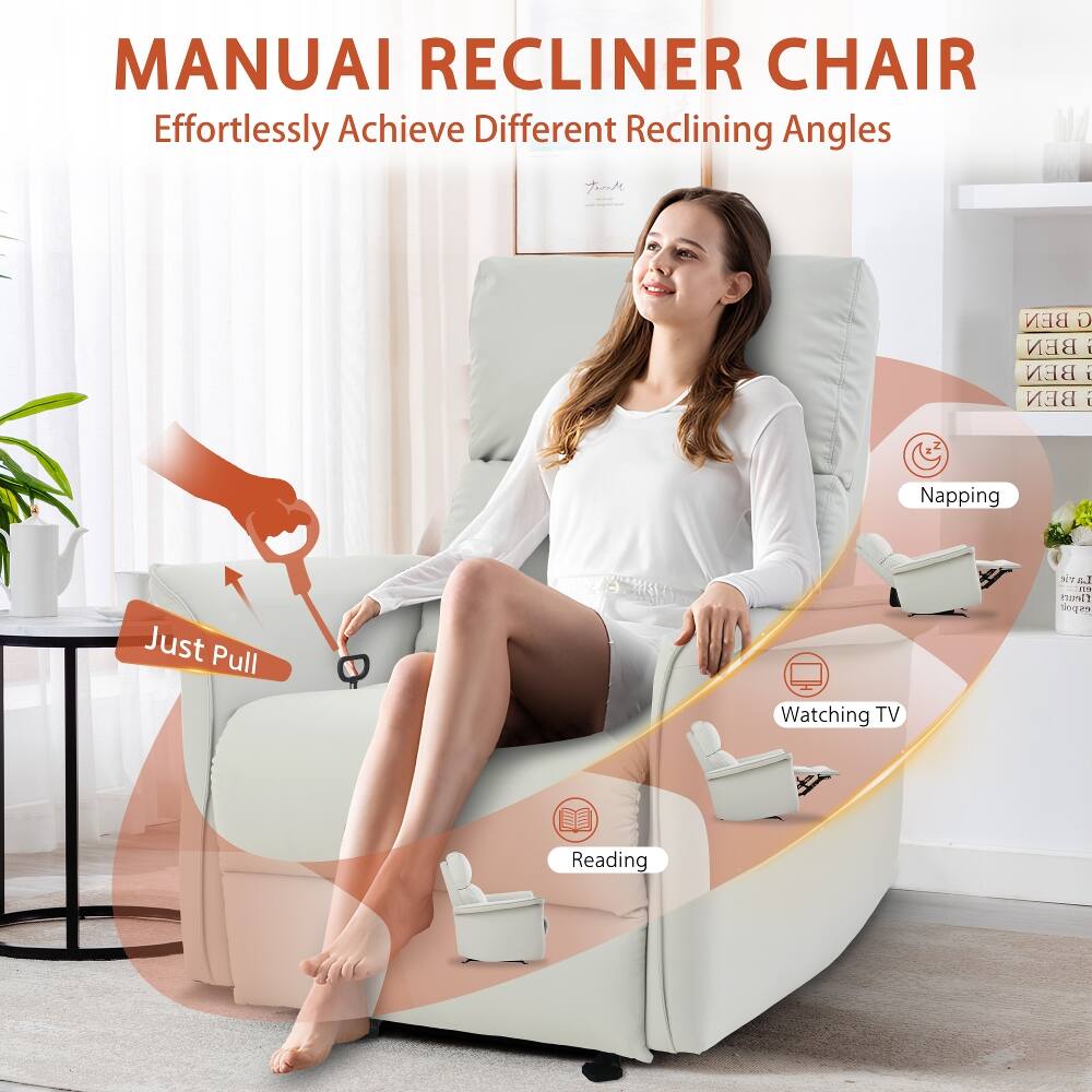 MANUAI RECLINER CHAIR  
Effortlessly Achieve Different Reclining Angles  

Just Pull  

Napping  
Watching TV  
Reading