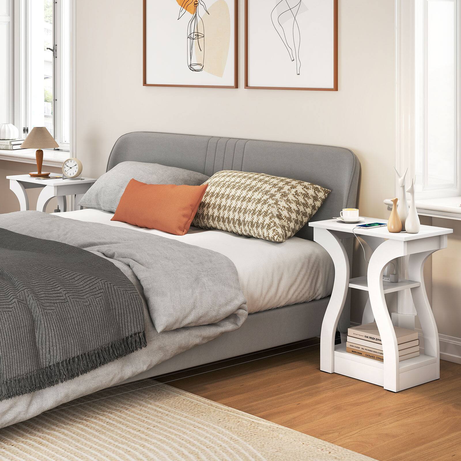 Alt View 4. Gymax - Gymax End Tables w/Charging Station Set of 2 3-Tier Side Tables w/USB Ports & Outlets White - White.