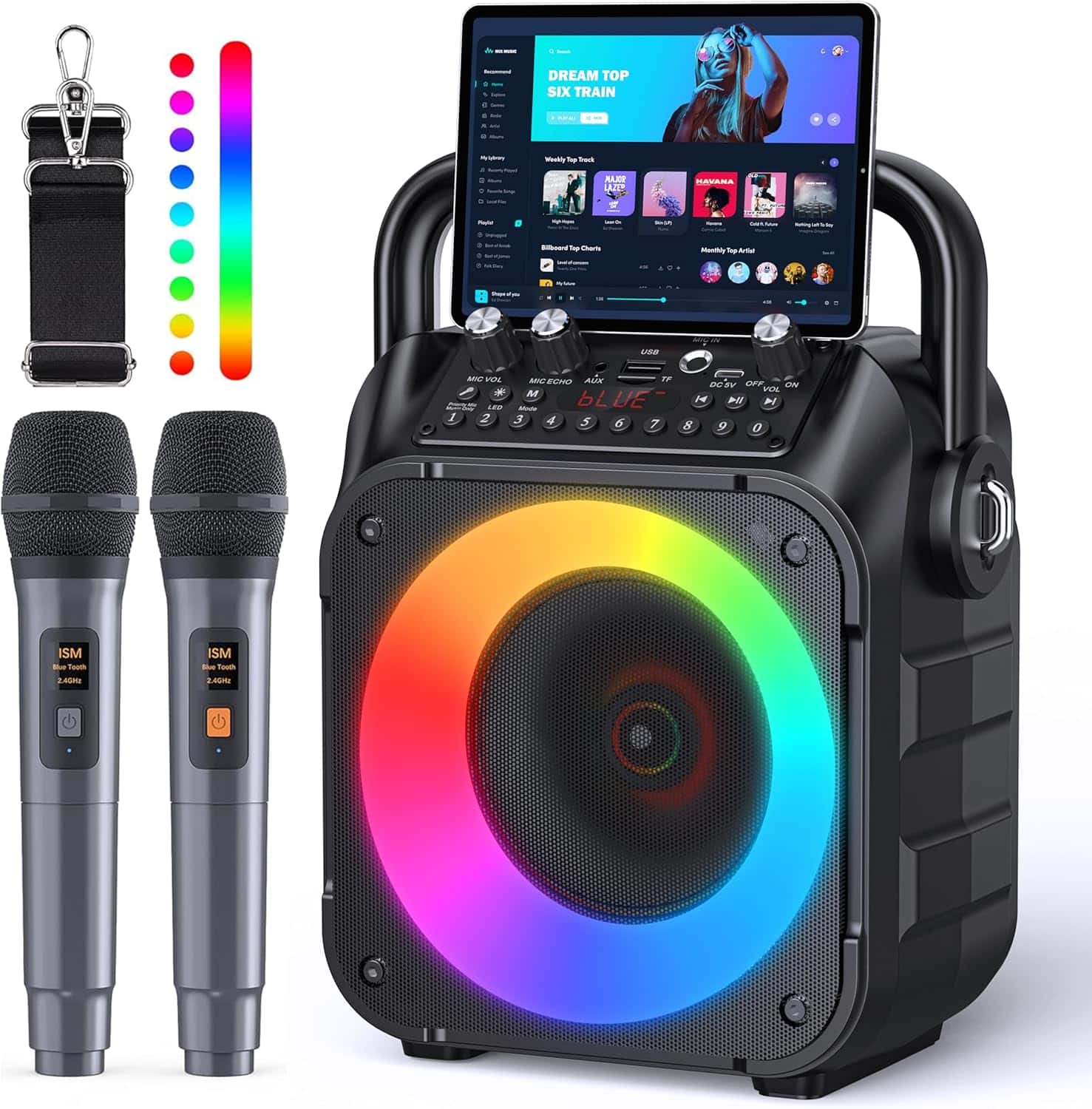Vulpecula Spade - Karaoke Machine, Portable Bluetooth Speaker with 2 Wireless Microphones for Adults & Kids with Lights, Karaoke Microphon