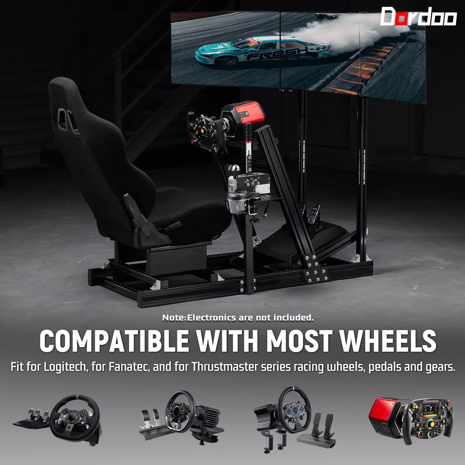 Dordoo  
Amages FROST  

Note: Electronics are not included.  
COMPATIBLE WITH MOST WHEELS  
Fit for Logitech, for Fanatec, and for Thrustmaster series racing wheels, pedals and gears.