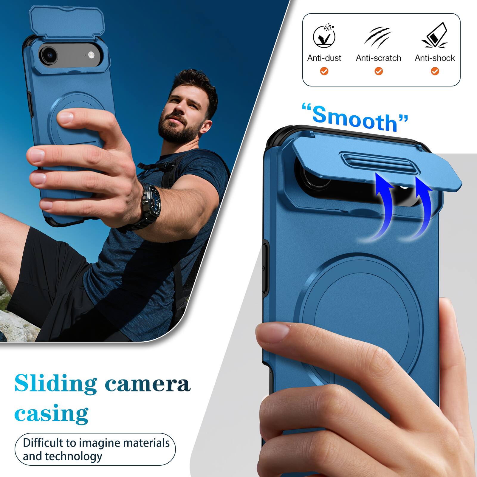 Anti-dust  
Anti-scratch  
Anti-shock  
"Smooth"  
Sliding camera casing  
Difficult to imagine materials and technology