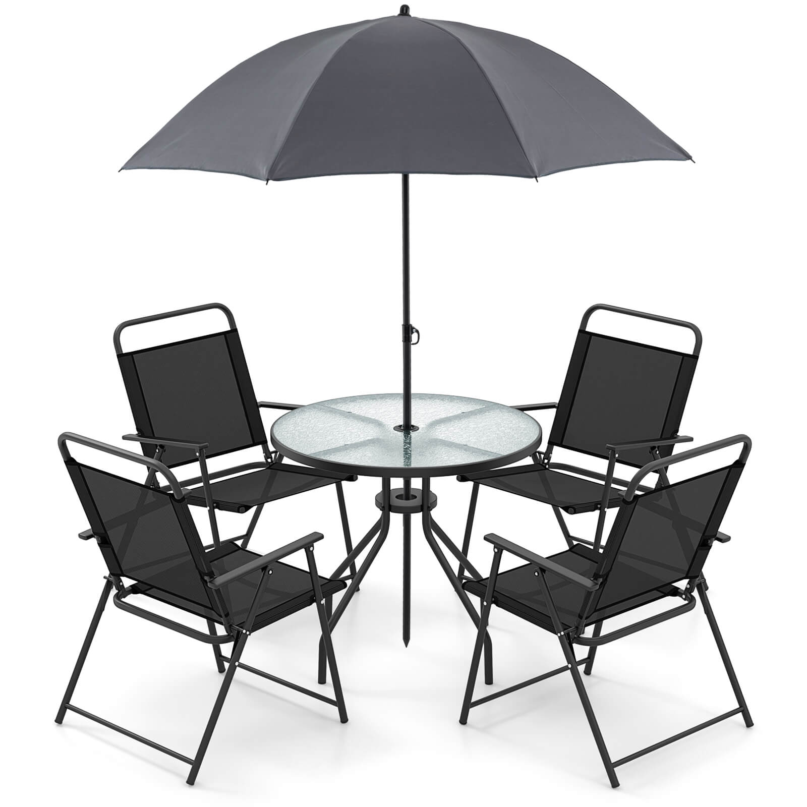 Alt View 9. Costway - Costway 6 PCS Patio Dining Set Folding Chairs Glass Table Umbrella Garden - Black/Grey.