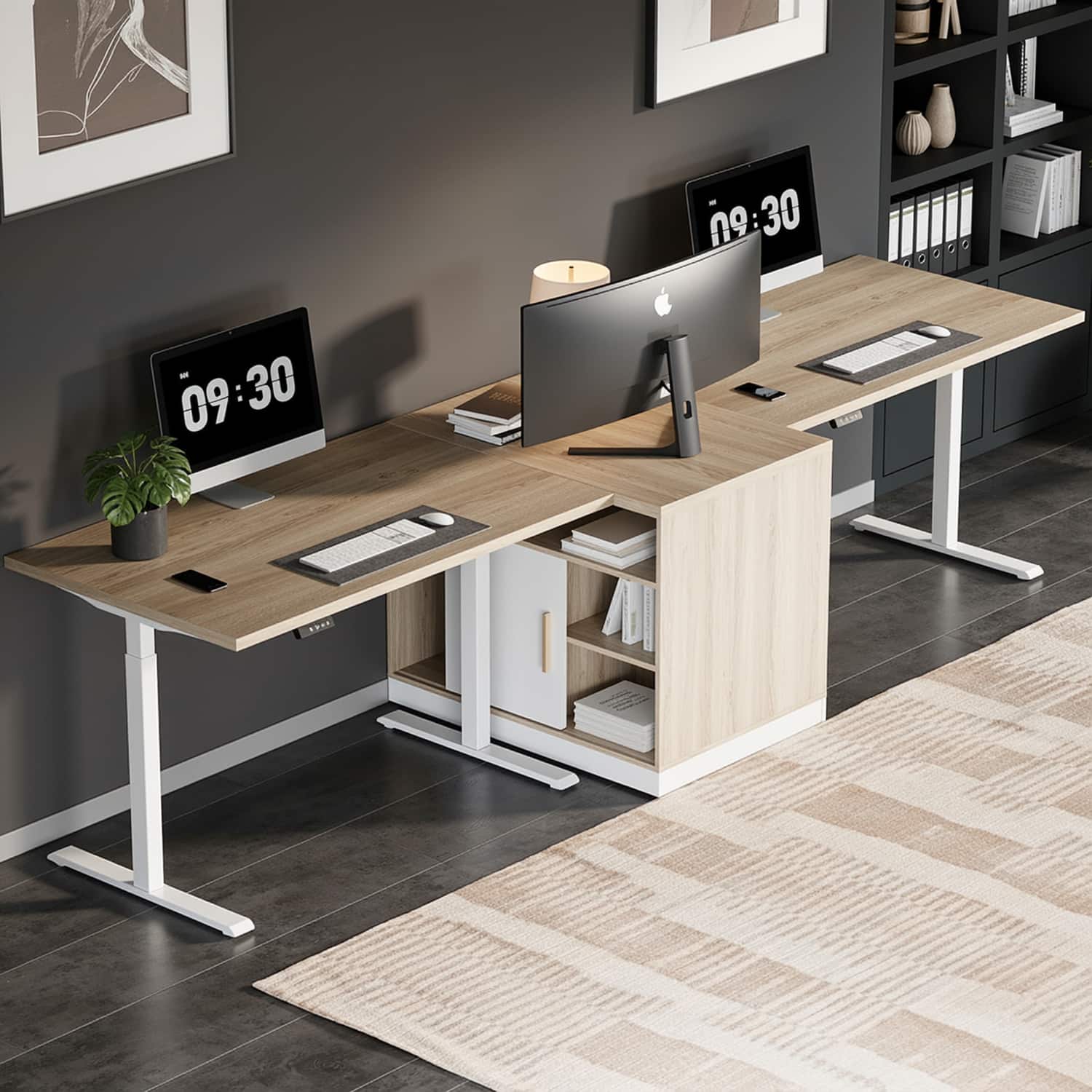 ModernMate - 114-in W Two Person Electric Height Adjustable Standing Desk with Storage and File Cabinets for Home Office - Light Walnut