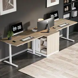ModernMate - 114-in W Two Person Electric Height Adjustable Standing Desk with Storage and File Cabinets for Home Office - Light Walnut