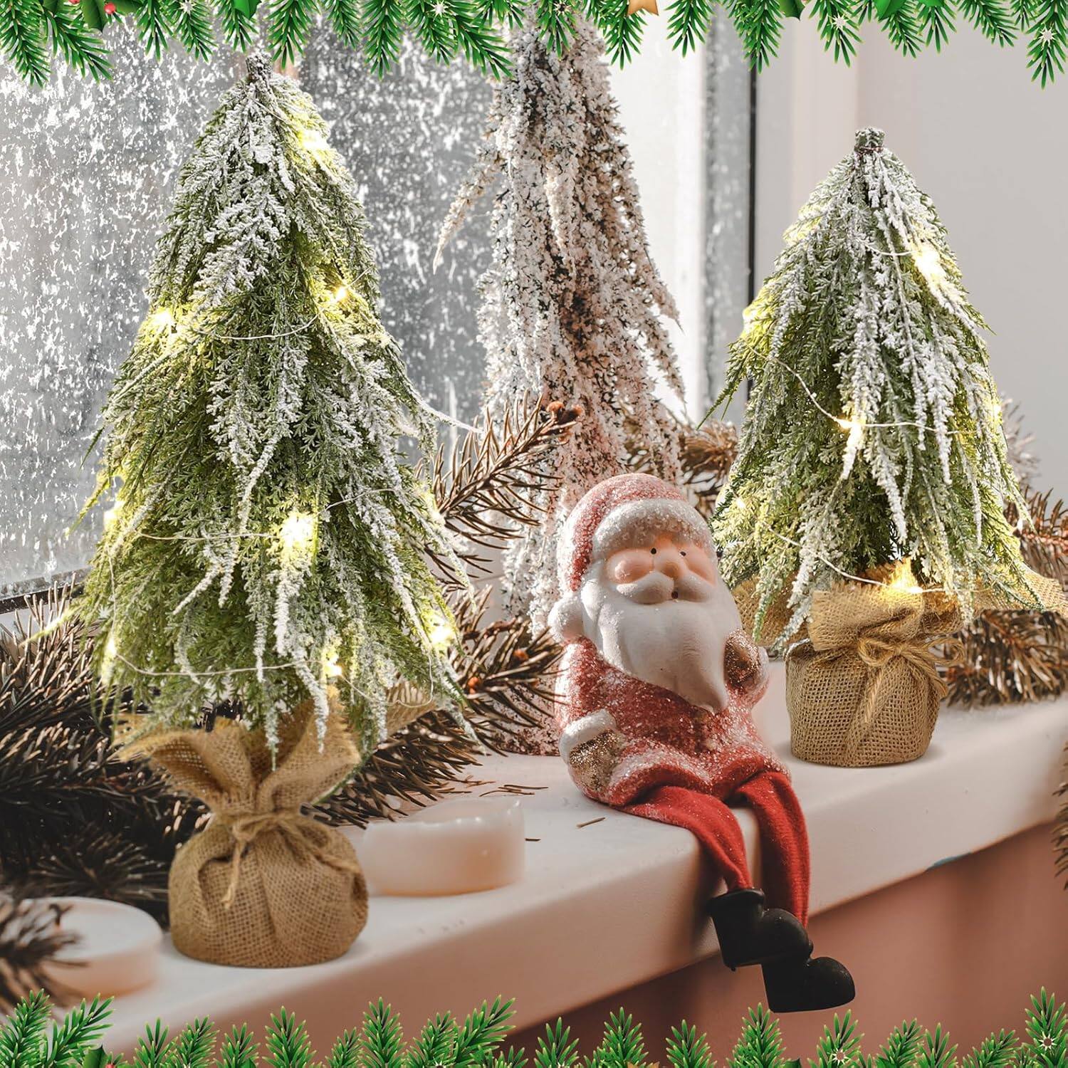 Left. RTMB - 11.8" & 15.7" Pre-Lit Snow-Flocked Pine Trees with Warm LEDs & Wood Base - Main Green and White.