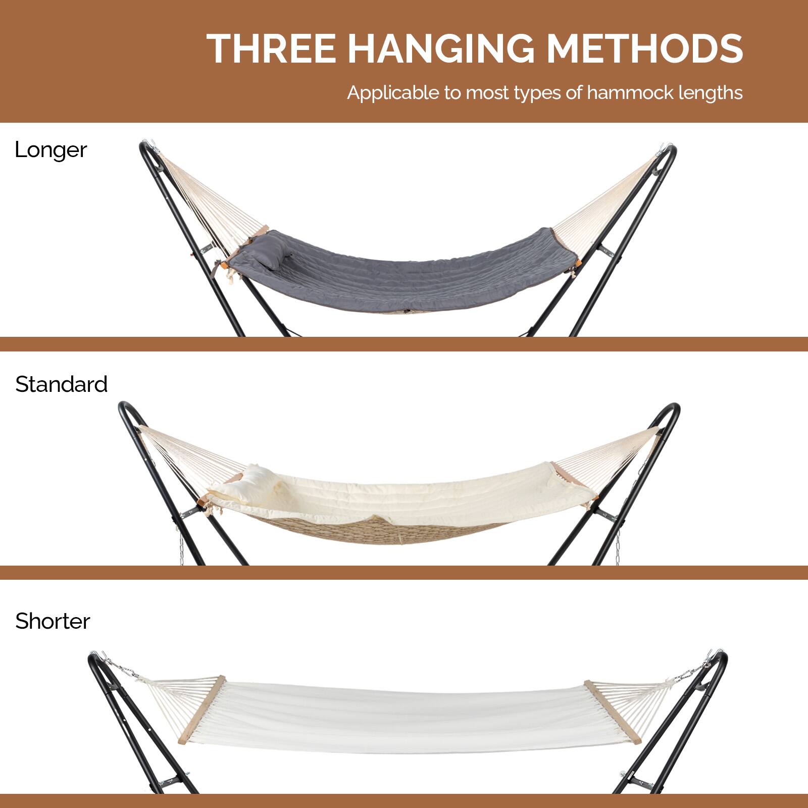 THREE HANGING METHODS  
Applicable to most types of hammock lengths  

Longer  
Standard  
Shorter