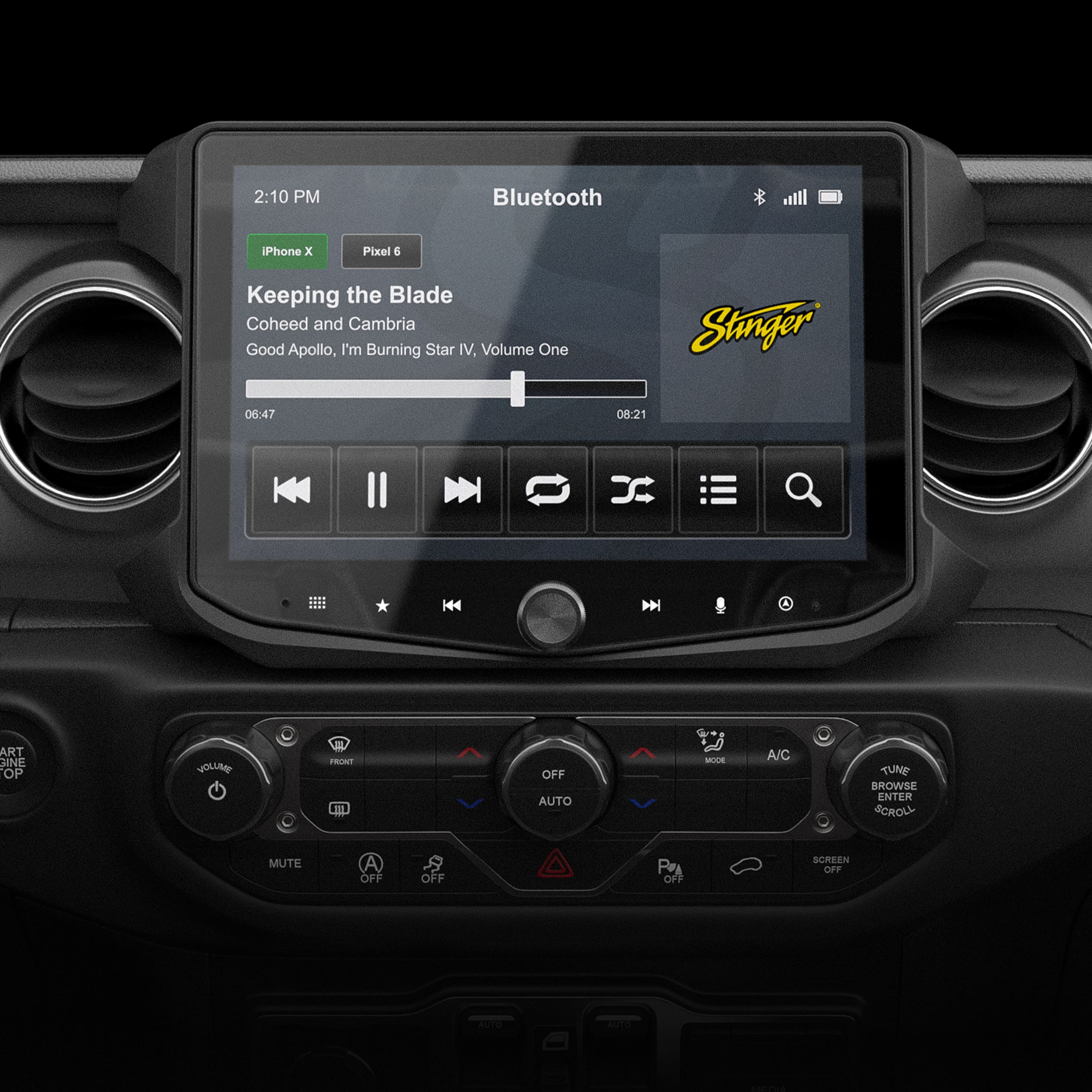 The image shows a car's dashboard with a Bluetooth device connected to it. The time displayed is 2:10 PM. The car's radio is playing music by Coheed and Cambria, specifically the song "Keeping the Blade." The volume is set to 1, and the album is "Good Apollo, I'm Burning Star IV. Volume One." The car's clock is also visible on the dashboard.