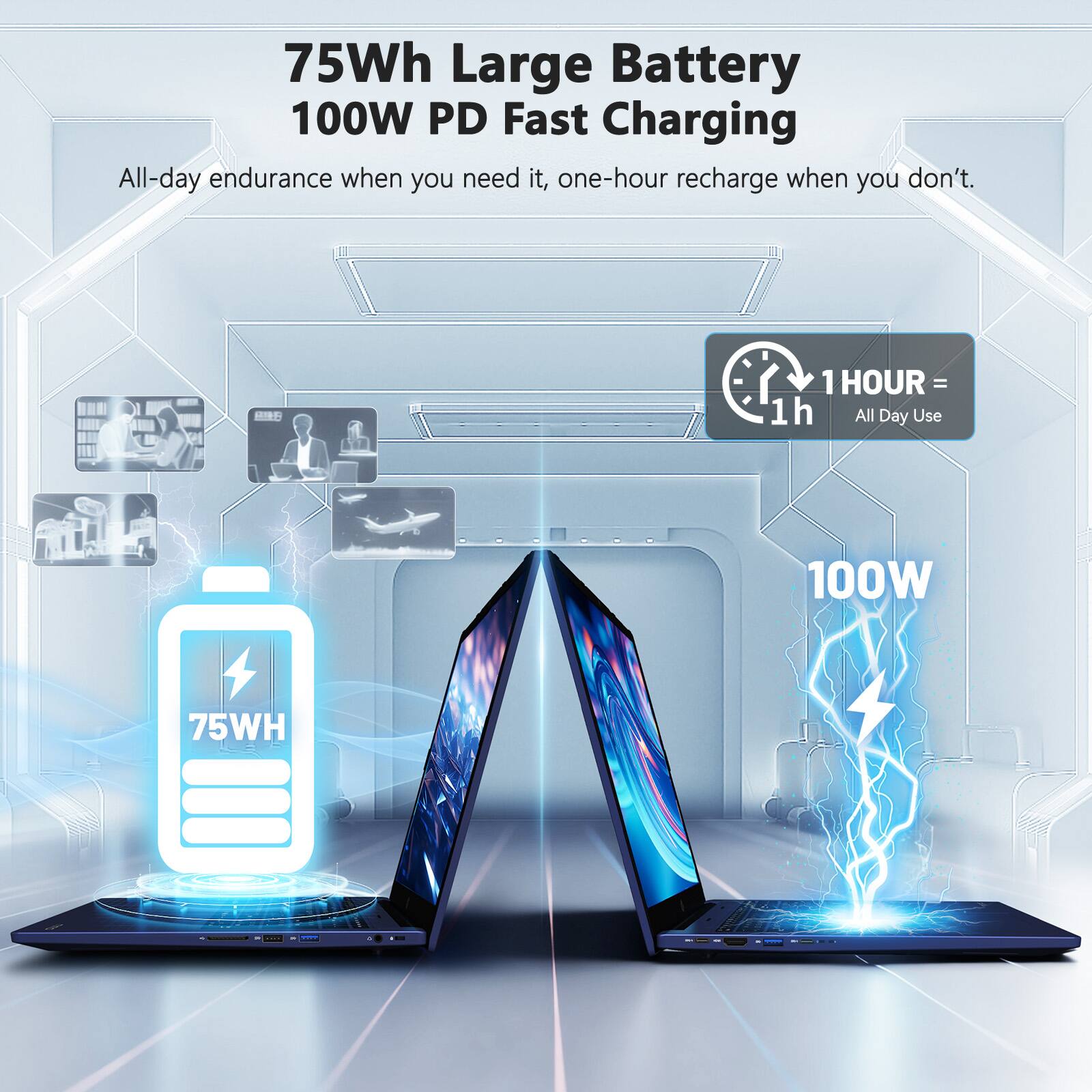 75Wh Large Battery  
100W PD Fast Charging  

All-day endurance when you need it, one-hour recharge when you don't.  

1 HOUR = 1h All Day Use  

75WH  
100W