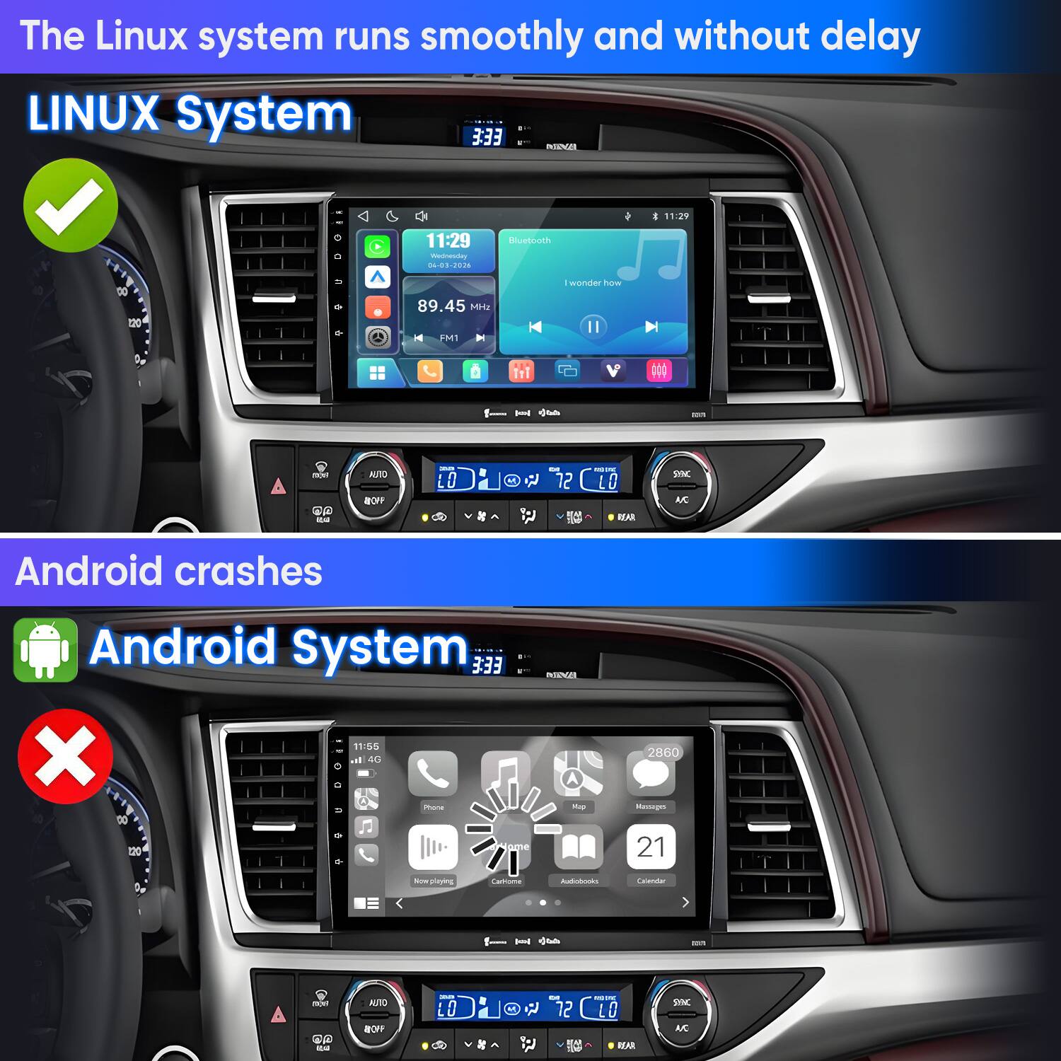The Linux system runs smoothly and without delay

LINUX System
3:33
11:29
11:29 Wednesday 04-03-2025
Bluetooth
89.45 MHz FM1
I wonder how

Android crashes

Android System
3:33
11:55
2860 Messages
120
Home
21
New playing
Carlome
Audiobooks
Calendar