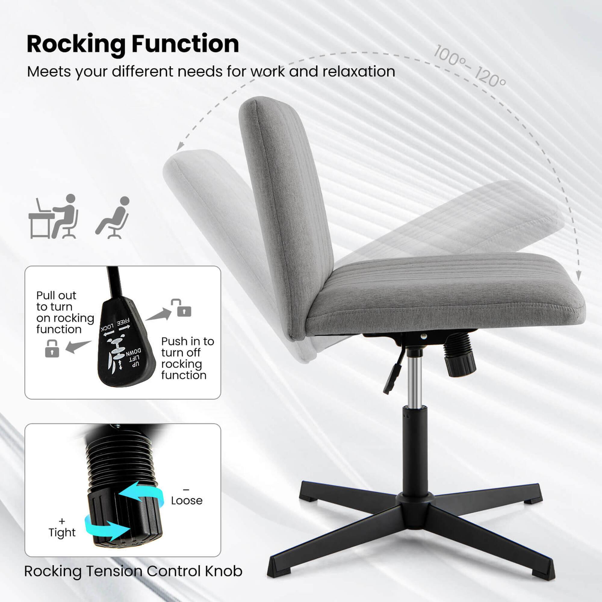 Rocking Function: Meets your different needs for work and relaxation. Pull out to turn on rocking function. Push in to turn off rocking function. Loose + Tight Rocking Tension Control Knob.