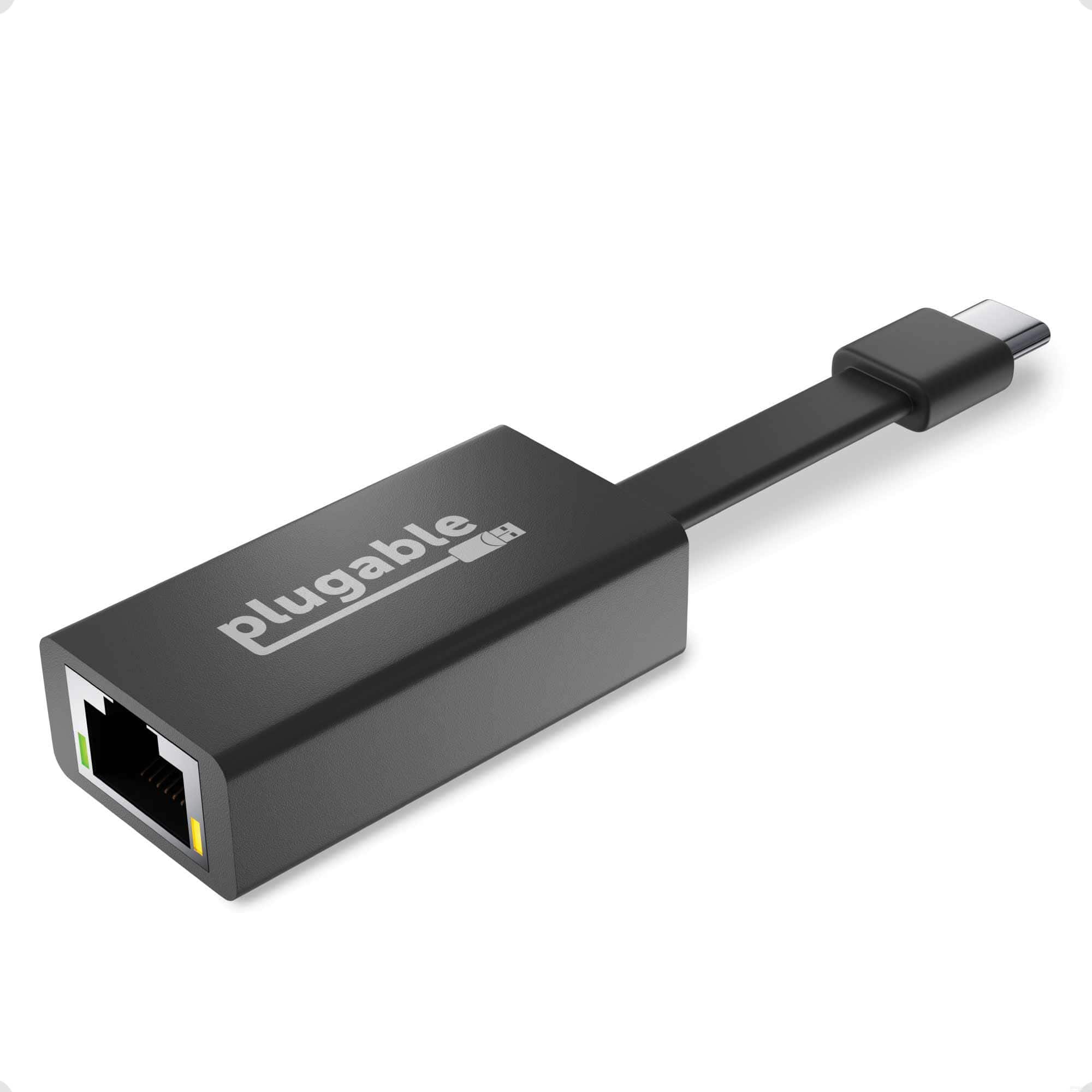 Front. Plugable - USB-C to Gigabit Ethernet Adapter with Flat Cable - Black.