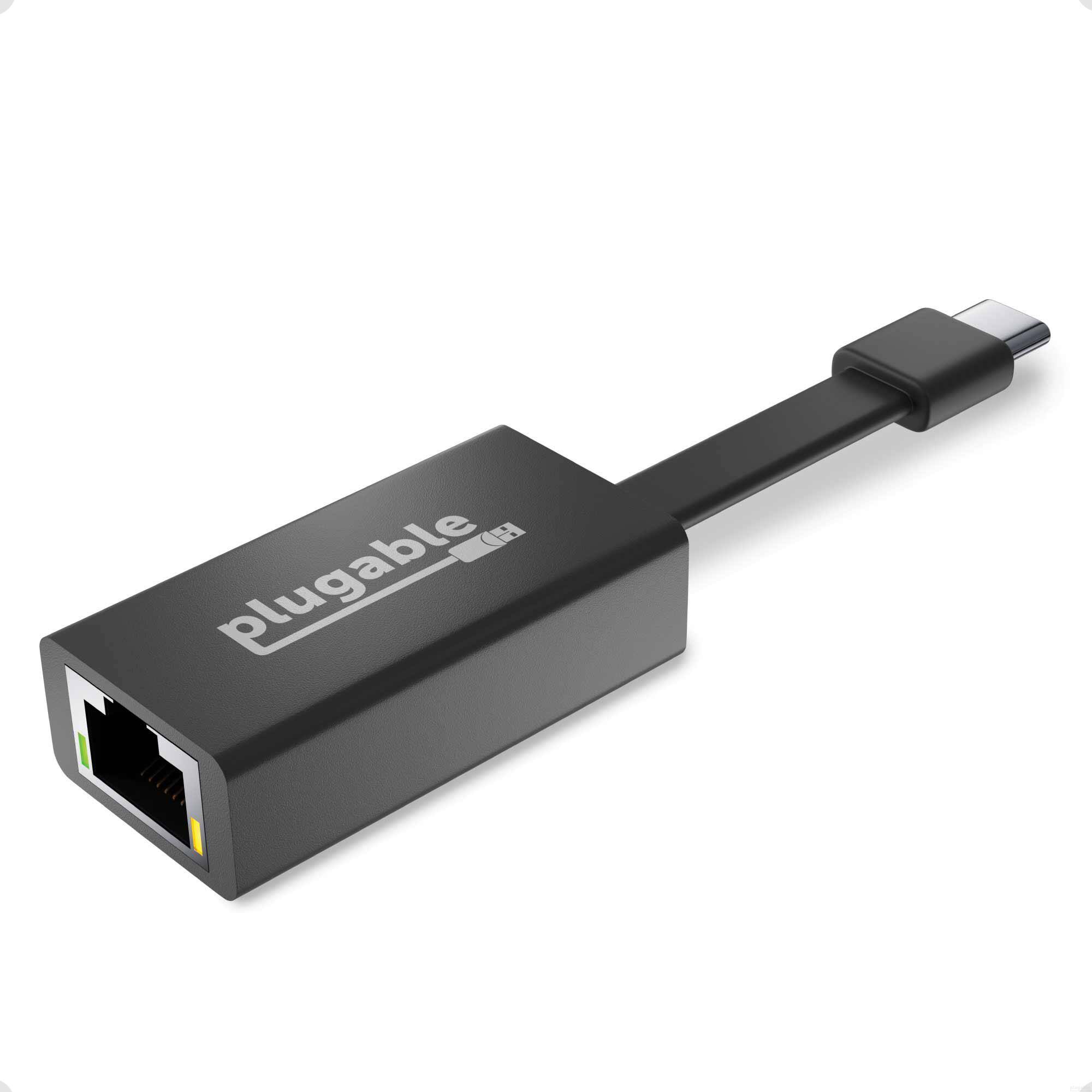Front. Plugable - USB-C to Gigabit Ethernet Adapter with Flat Cable - Black.