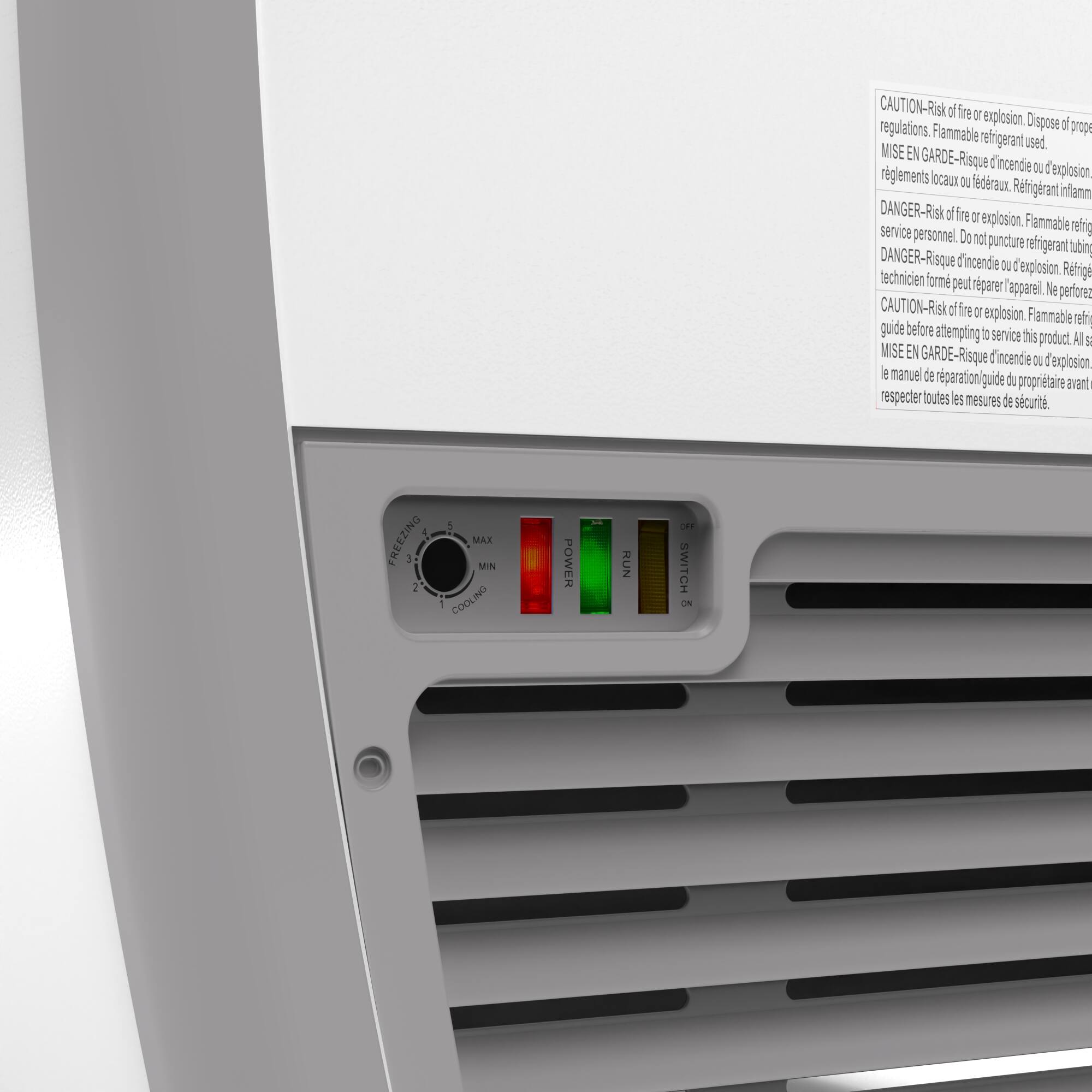 CAUTION-Risk of fire or explosion. Flammable refrigerant used. Dispose of prope regulations. MISE EN GARDE-Risque d'incendie ou d'explosion. Rfrigerant infamn locaux Ou fedraux. DANGER-Risk of fire or explosion. Flammable refrigerant. Do not puncture refrigerant tubing. service personnel. DANGER-Risque d'incendie ou d'explosion. Reig technicien form peut reparer l'appareil. Ne perfore CAUTION-Risk of fire or explosion. Flammable refrigerant. Guide before attempting to service this product. All MISE EN GARDE-Risque d'incendie ou d'explosion. le manuel de reparation du propriétaire avant respecter toutes les mesures de sécurité. 5 FREEZING 1 MAX MIN 2 1 COOLING POWER RUN . SWITCH ON