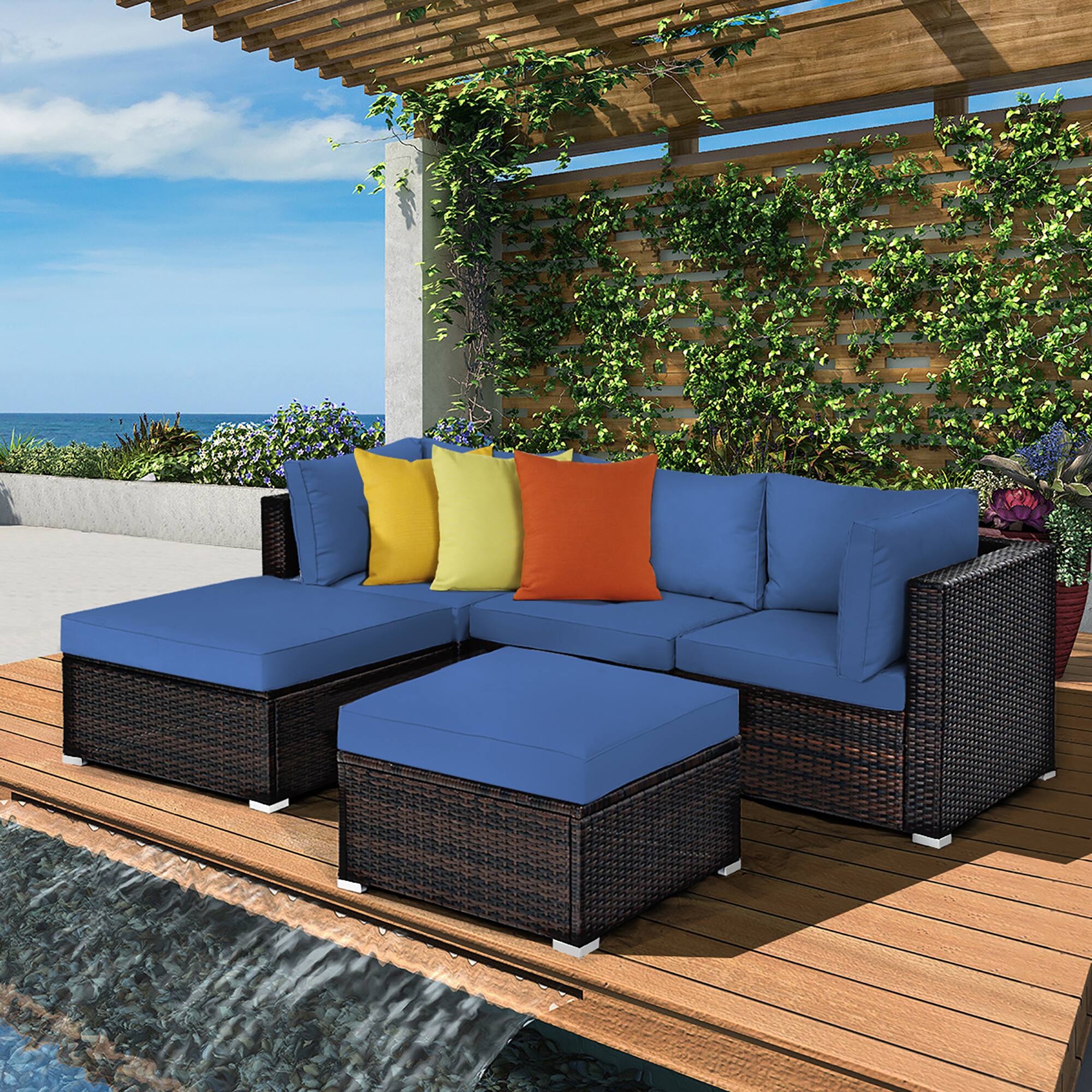 Alt View 2. Costway - Costway 5PCS Patio Rattan Furniture Set Sectional Conversation Set Ottoman Table - Navy.