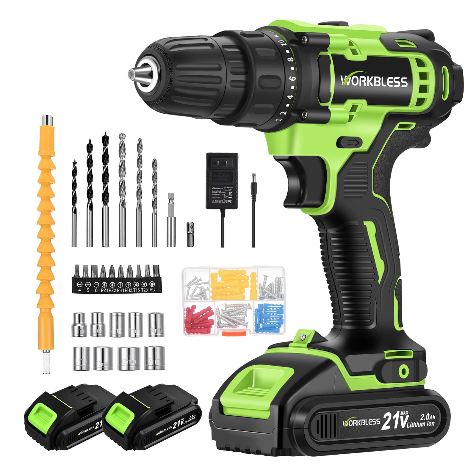 Unique Bargains - WORKBLESS 21V Cordless Drill Set, 2 Batteries & Charger, 3/8" Chuck, Variable Speed, 18+1 Torque, 28pcs Bits - Green