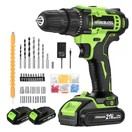 Unique Bargains - WORKBLESS 21V Cordless Drill Set, 2 Batteries & Charger, 3/8" Chuck, Variable Speed, 18+1 Torque, 28pcs Bits - Green