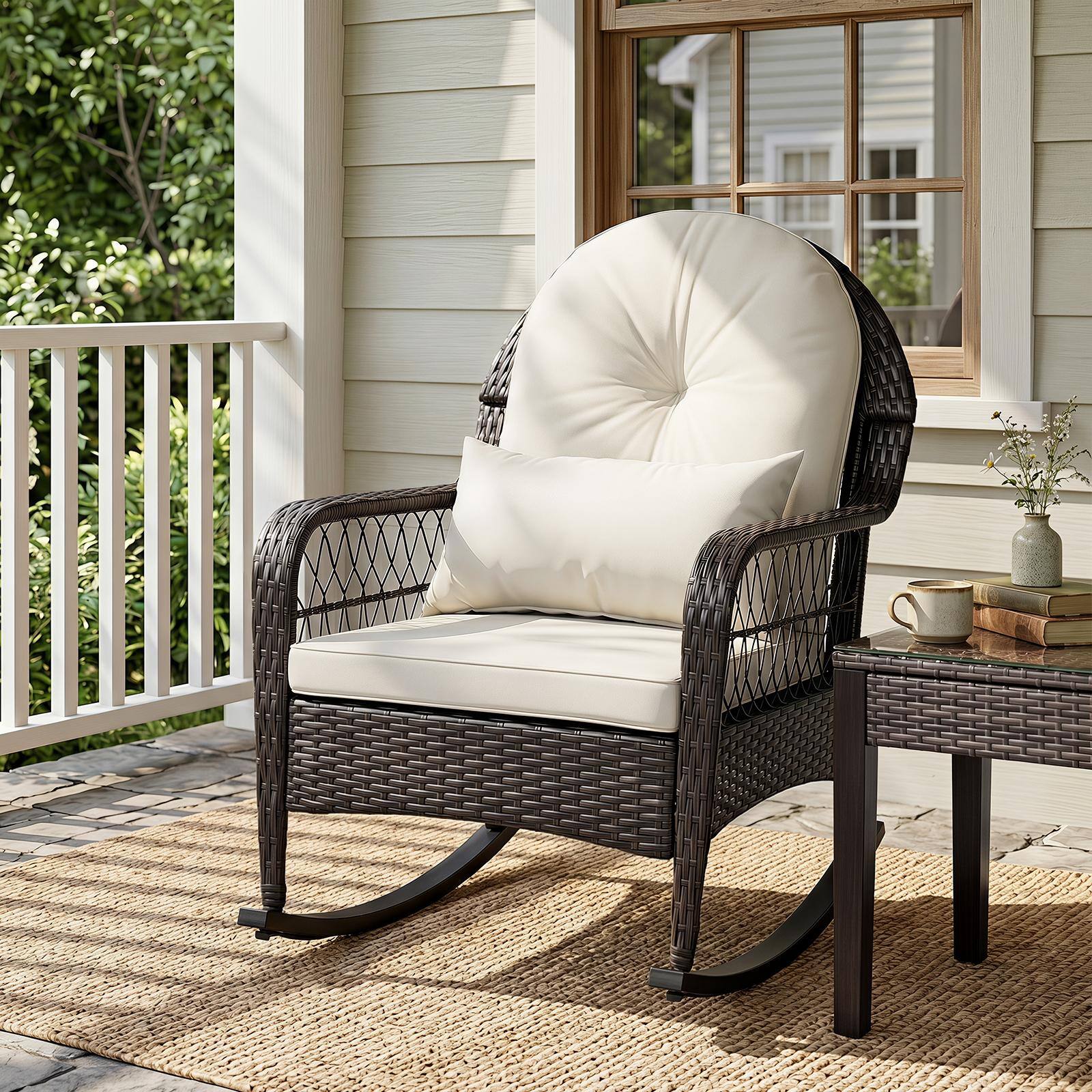 Alt View 1. Costway - Costway Patio Wicker Rocking Chair W/Seat Back Cushions & Lumbar Pillow Porch - Off-White.