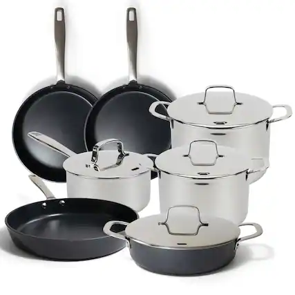 Front. Alva - Alva Maestro Cookware Set 11-Piece Set - Stainless Steel Pots and Nonstick Ceramic Frying Pans - Silver and Black.