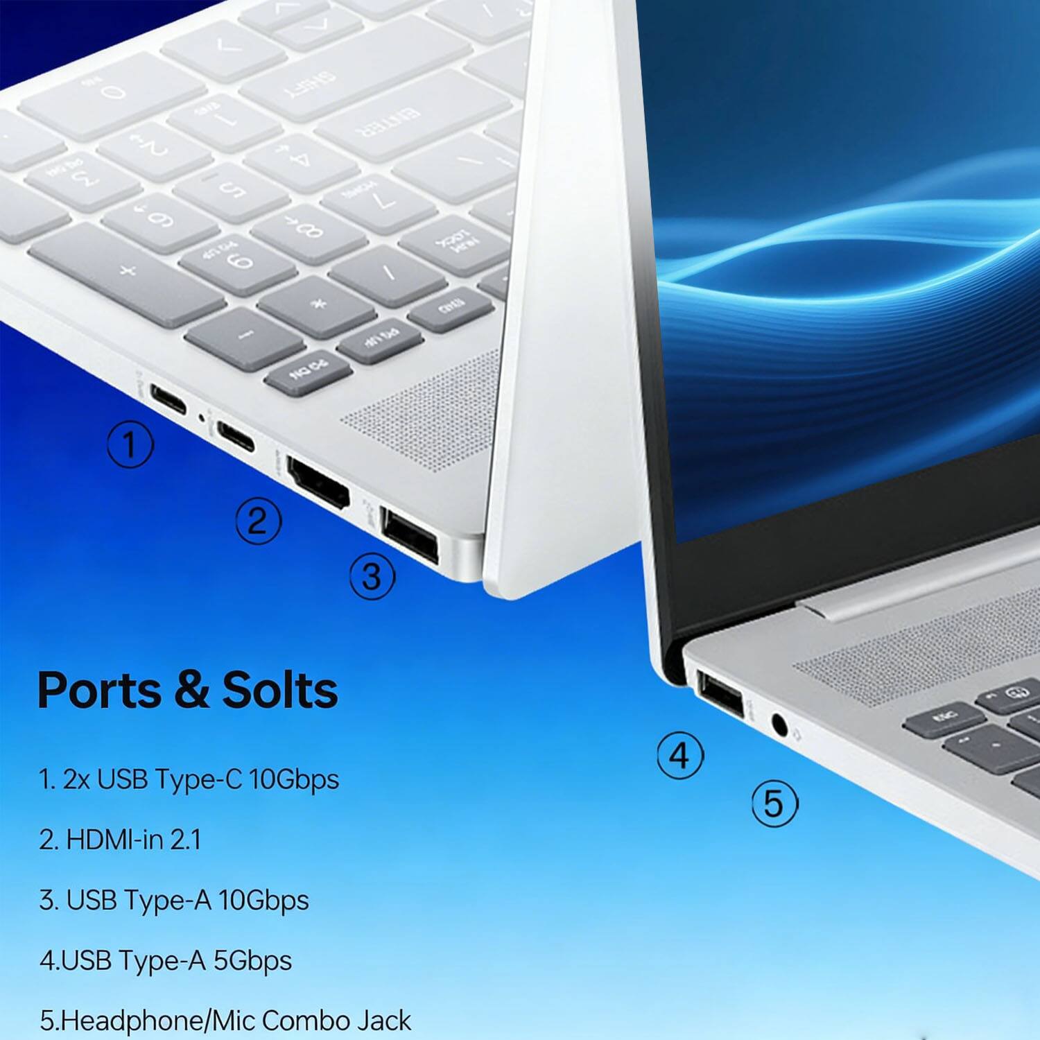Ports & Sockets

1. 2x USB Type-C 10Gbps
2. HDMI-in 2.1
3. USB Type-A 10Gbps
4. USB Type-A 5Gbps
5. Headphone/Mic Combo Jack