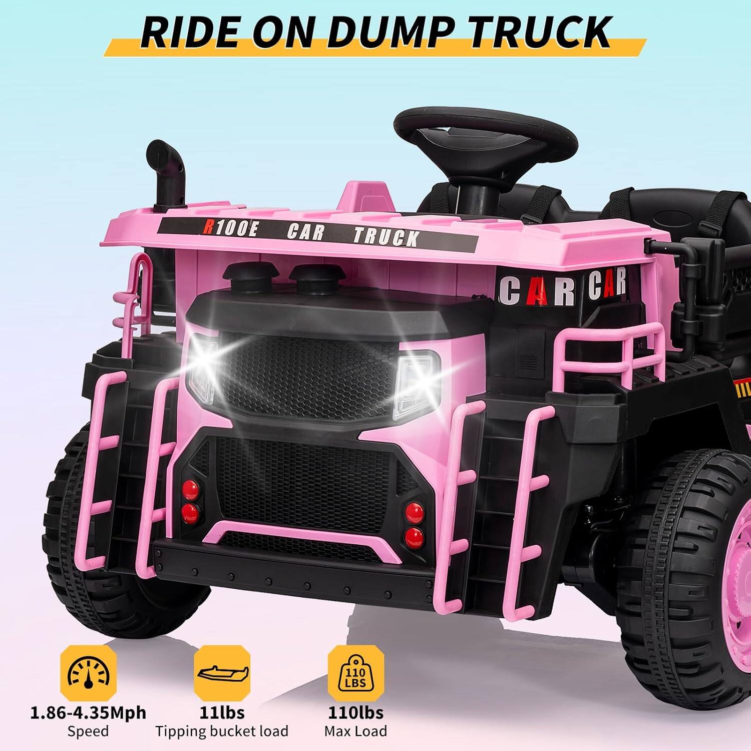 RIDE ON DUMP TRUCK

R100E CAR TRUCK

1.86-4.35Mph Speed

11lbs Tipping bucket load

110lbs Max Load