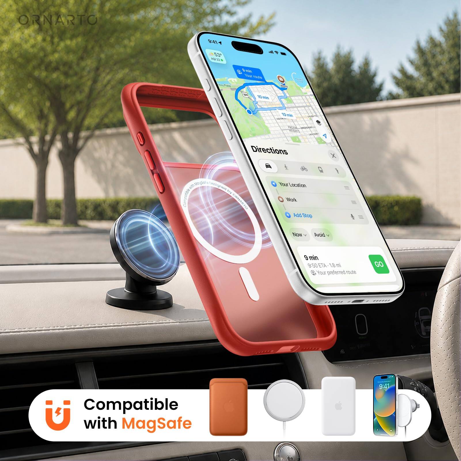 ORNARTO

52 ATS ntala e - Tuw soude 10 - 19 - WN

Directions

Your Location

Work

Add Stop

Now

Avoid

9 min

9:50 ETA - 18 mi

Your preferred route

Compatible with MagSafe