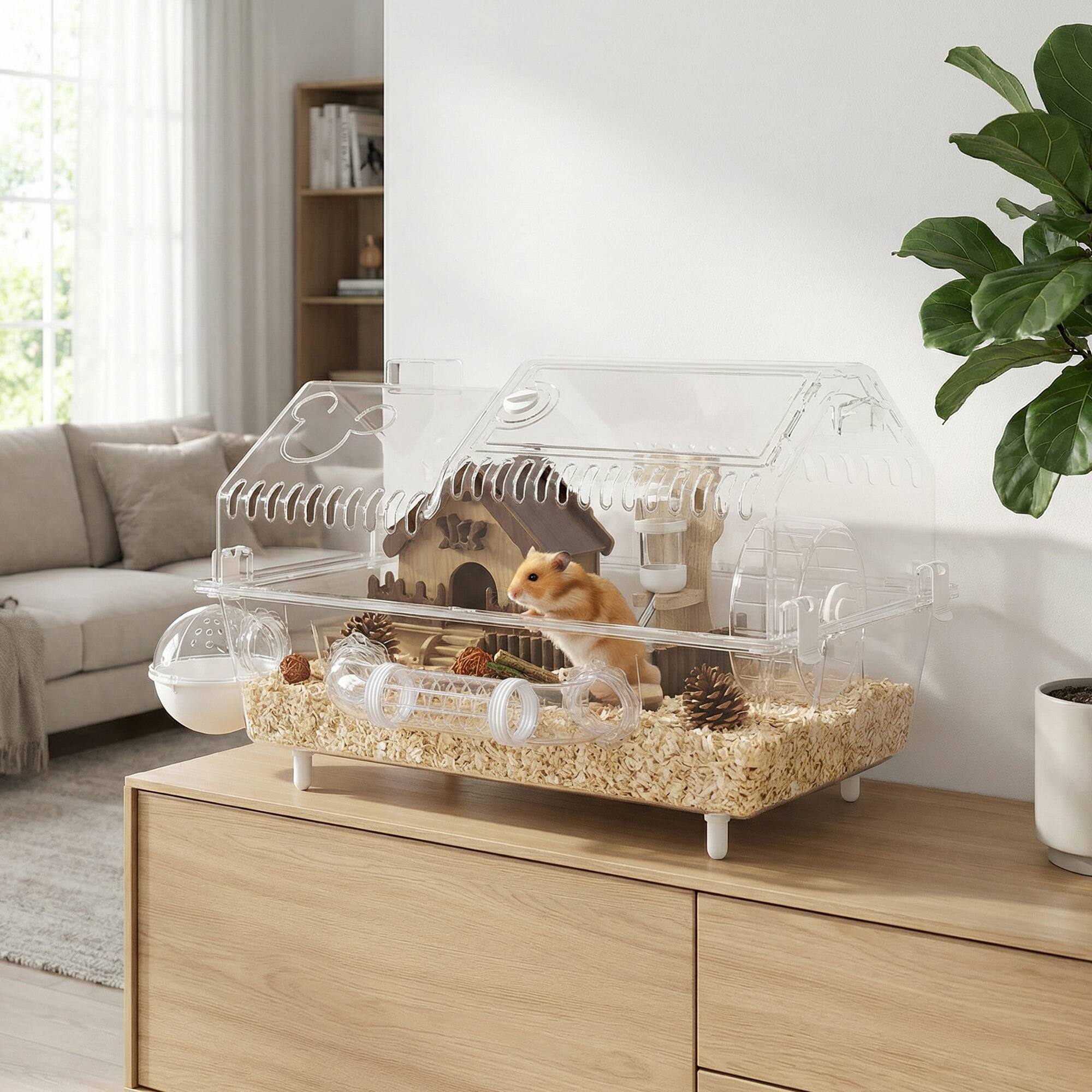 Alt View 1. Pawhut - Cage with Large Wheel & Hideout, Small Animal Habitat with Accessories, Clear Pet House - Clear.