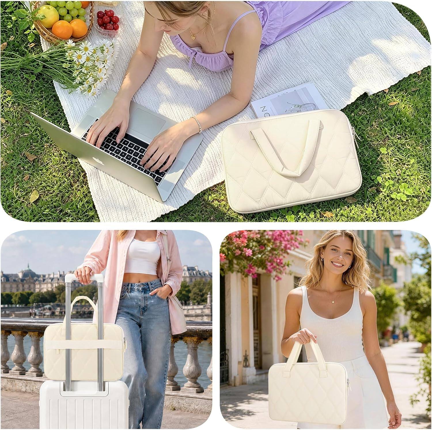 Alt View 4. Fintie - Sleeve Case for MacBook Neo 13 Inch, Air 13 Inch, Pro 13/14 Inch,Quilted Diamond Puffer Carrying Case with Luggage Strap - Cream Beige.