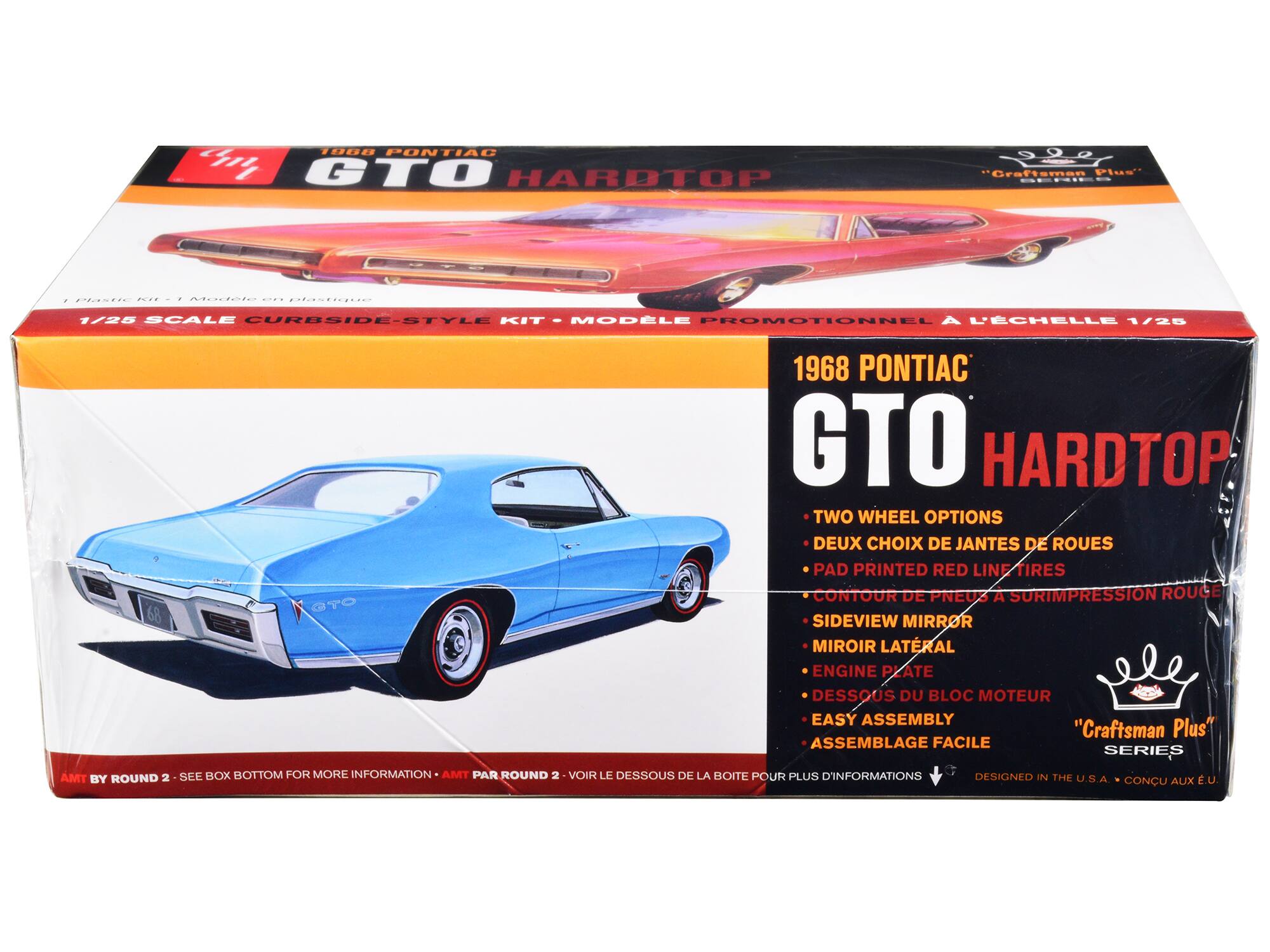 1968 PONTIAC GTO HARDTOP

1/25 SCALE CURBSIDE-STYLE KIT - MODÈLE PROMOTIONNEL À L'ÉCHELLE 1/25

- TWO WHEEL OPTIONS
- DEUX CHOIX DE JANTES DE ROUES
- PAD PRINTED RED LINE TIRES
- CONTOUR DE PNEUS À SURIMPRESSION ROUGE
- SIDEVIEW MIRROR
- MIRROIR LATÉRAL
- ENGINE PLATE
- DESOIR PLATE
- EASY ASSEMBLY
- ASSEMBLAGE FACILE

"Craftsman Plus" SERIES

AMT BY ROUND 2 - SEE BOX BOTTOM FOR MORE INFORMATION
AMT PAR ROUND 2 - VOIR LE DESSOUS DE LA BOITE POUR PLUS D'INFORMATIONS

DESIGNED IN THE U.S.A. - CONCU AUX É.U.