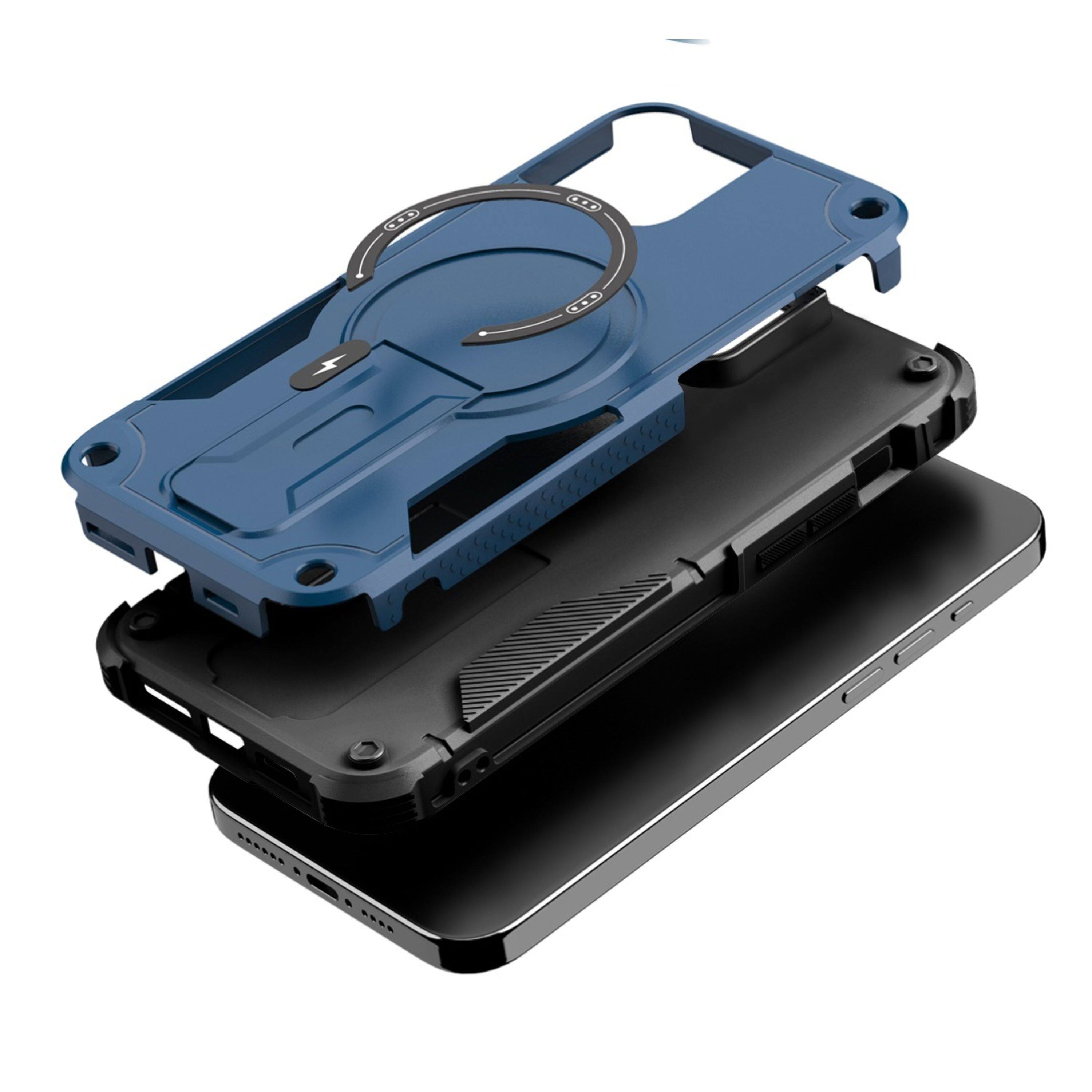 Angle. Kitcheniva - Magnetic Circle Rugged Grip Kickstand Phone Case With 2 Pcs Tempered Glass For iPhone 15 Plus Blue - Blue.