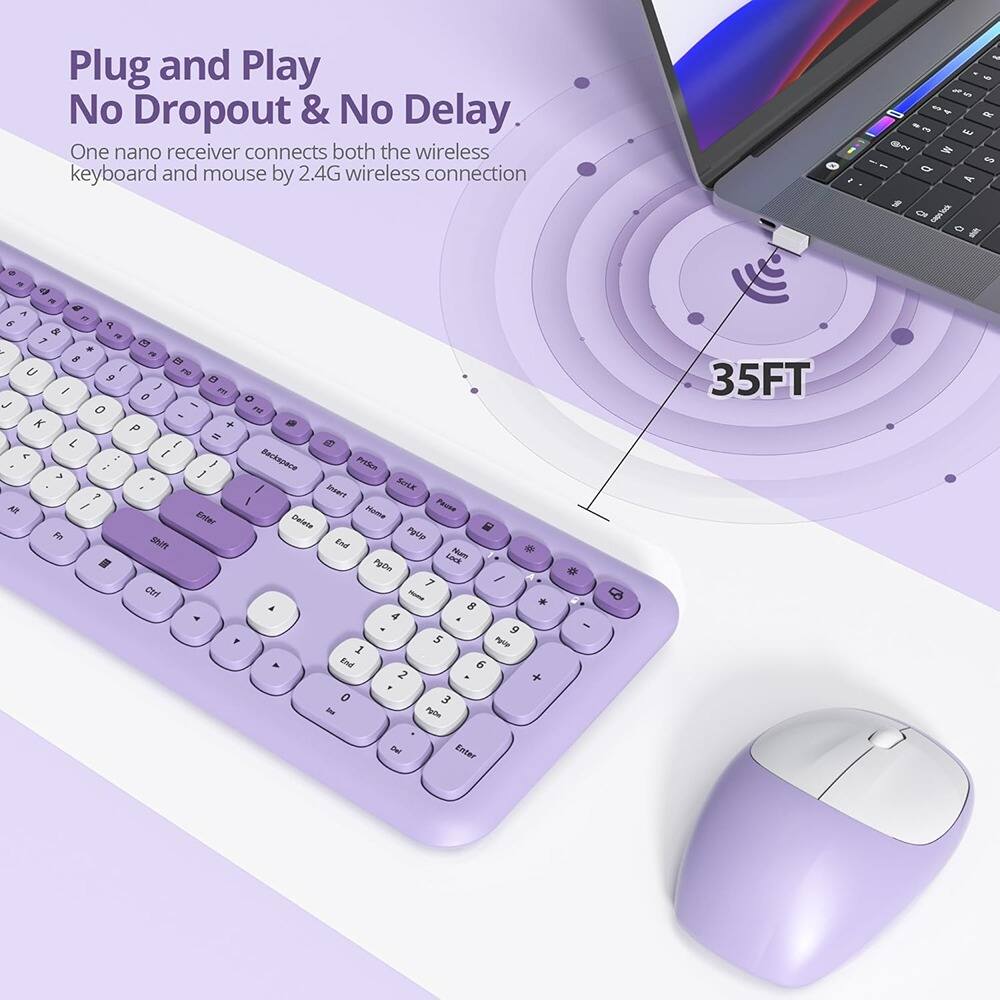 Plug and Play  
No Dropout & No Delay.  

One nano receiver connects both the wireless keyboard and mouse by 2.4G wireless connection  

35FT