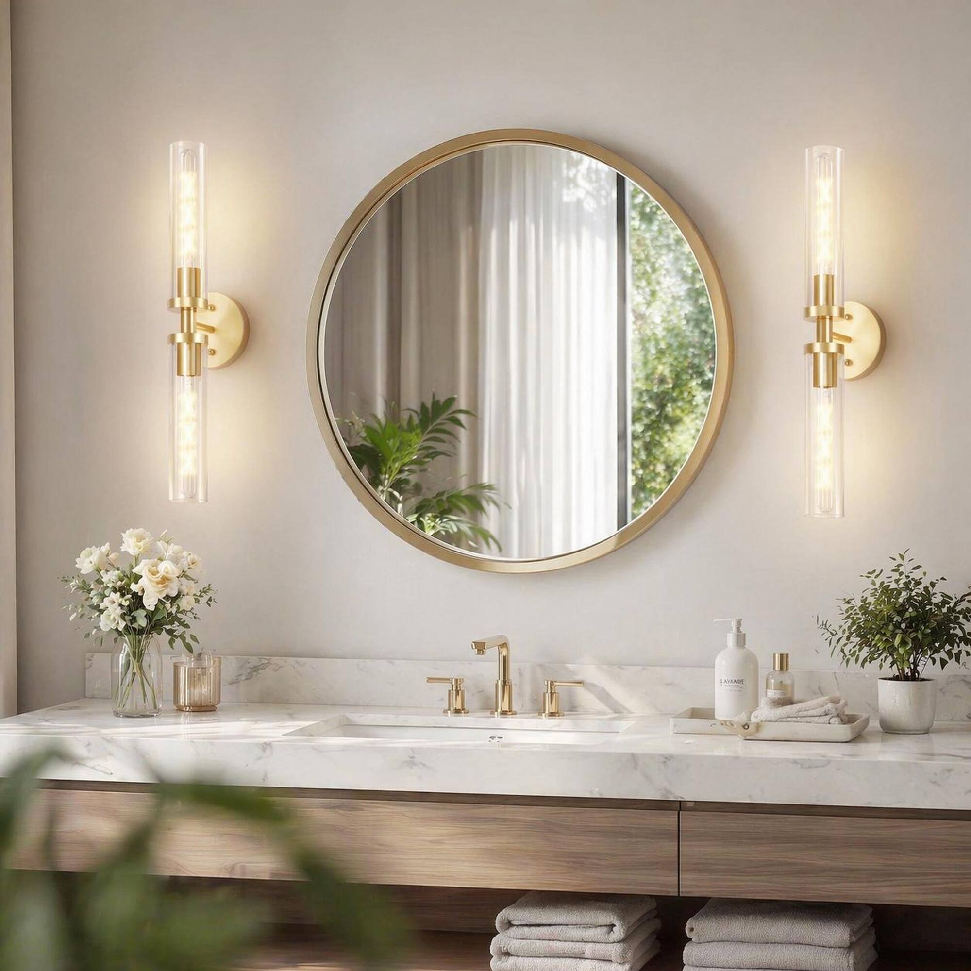 Back. RYHNUYNE - Set of 2 Hardwired Gold Wall Sconces with Clear Glass Shades for Bathroom Vanity, Hallway, and Bedroom.