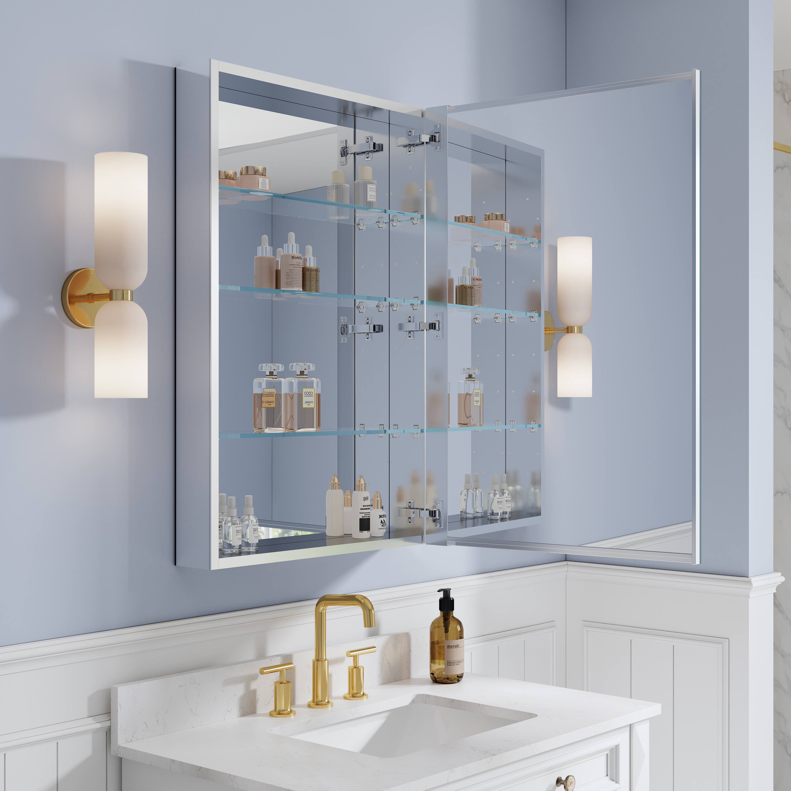 Left. WELLFOR - 24 in. W x 36 in. H Rectangular Aluminum Tri-View Medicine Cabinet with Mirror, Blum Hinge, Adjustable Shelves - Silver.