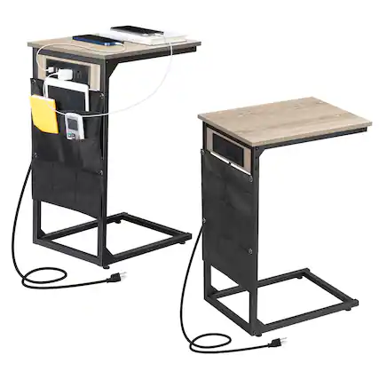 Front. Oumilen - 2PCS C Shaped End Table with Charging Station and Storage Pockets - Oak.