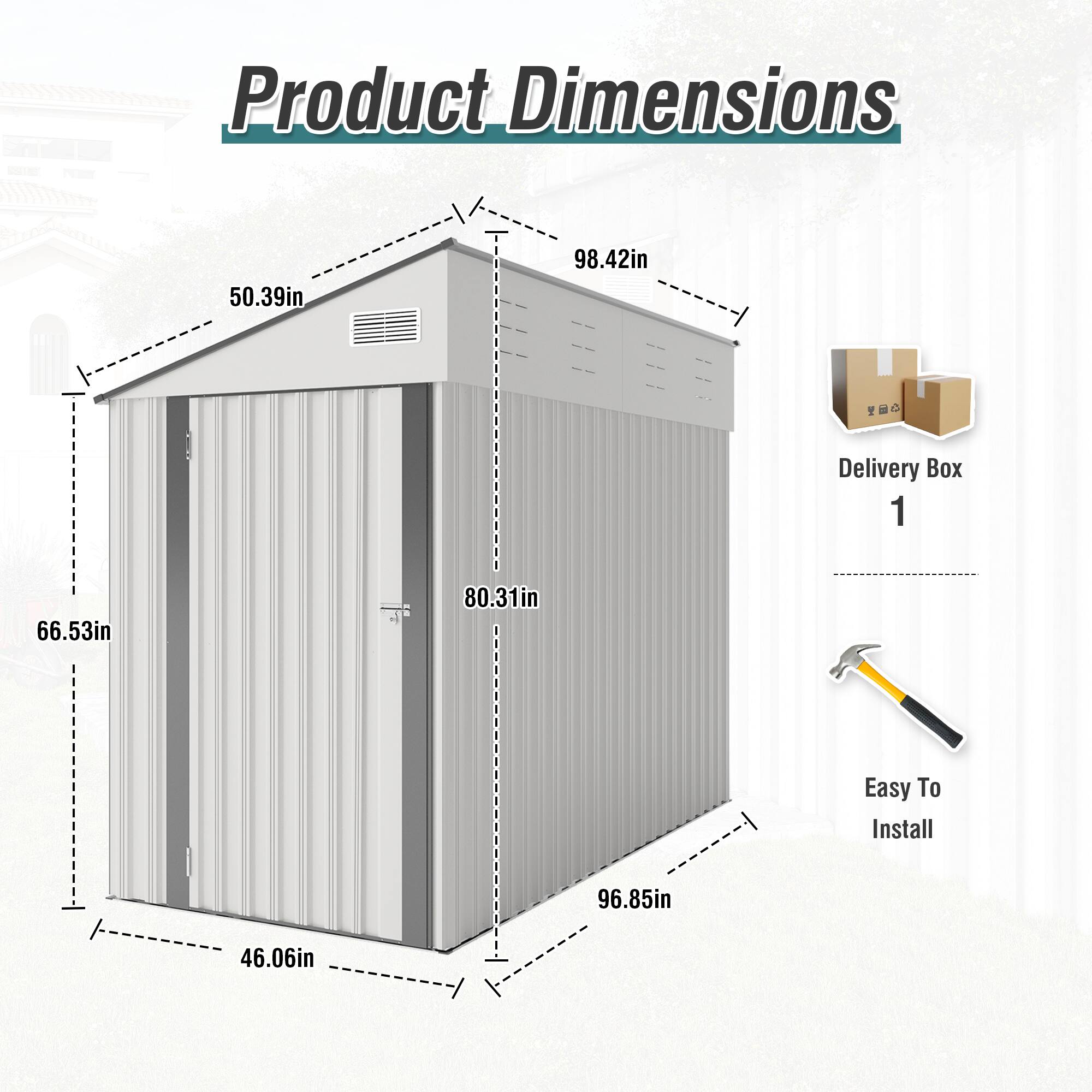 Product Dimensions  
50.39in x 98.42in  

Delivery Box 1  
66.53in x 80.31in  

Easy To Install  
96.85in x 46.06in