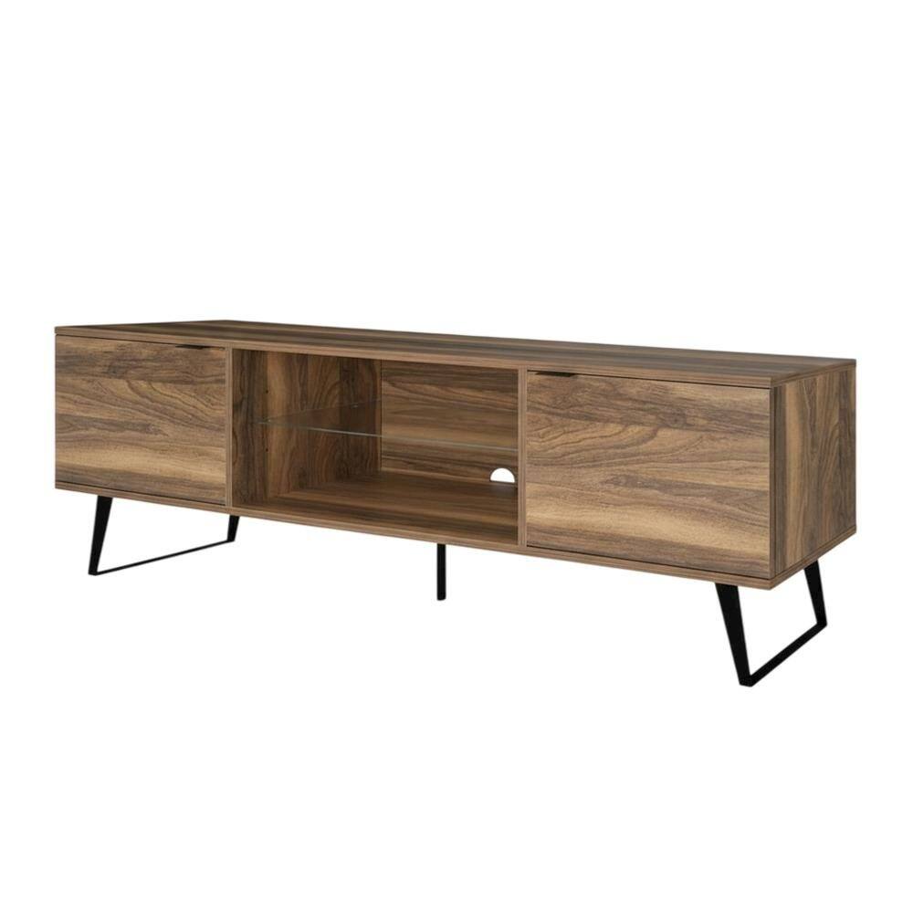 FurniFact - Walnut Wood TV Stand with Glass Door Shelf and Mid-Century Modern Design - White