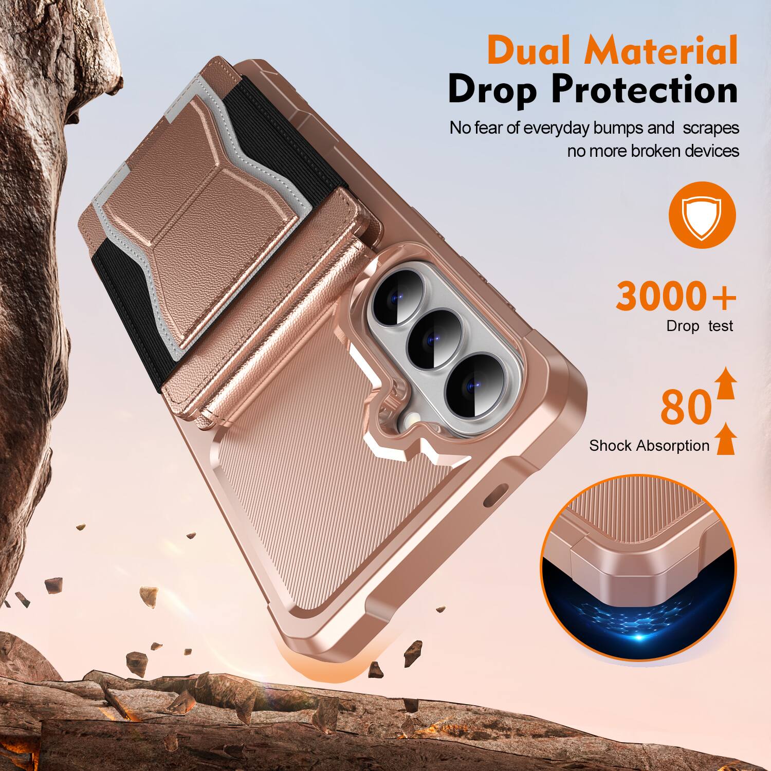 Dual Material Drop Protection  
No fear of everyday bumps and scrapes, no more broken devices  

3000+ Drop test  
80 Shock Absorption