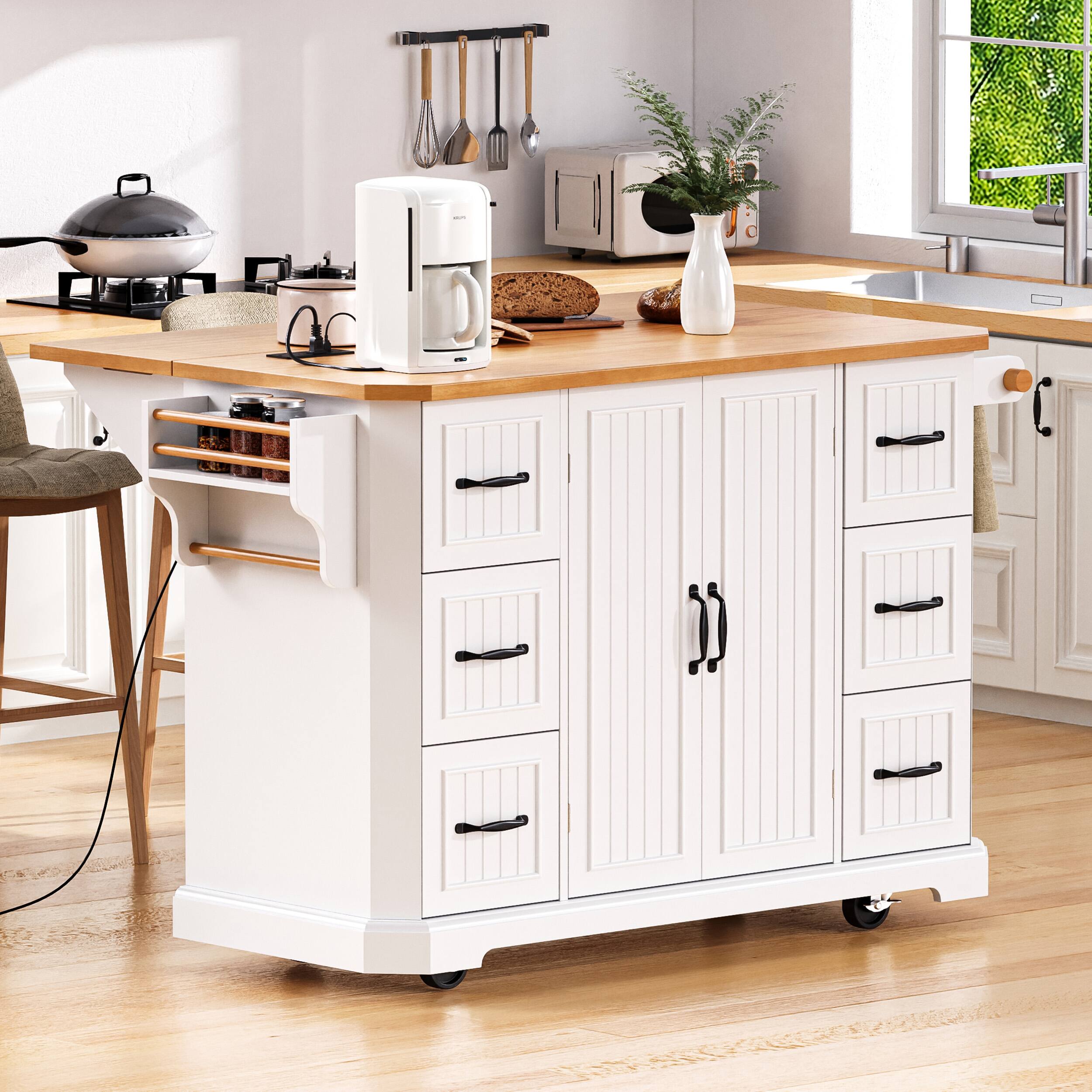 Angle. PexFix - 56" Kitchen Island with Power Outlet & Drop Leaf - Rolling Cart with 6 Deep Drawers, 4-Door Shelves & Rubber Wood Top - White.