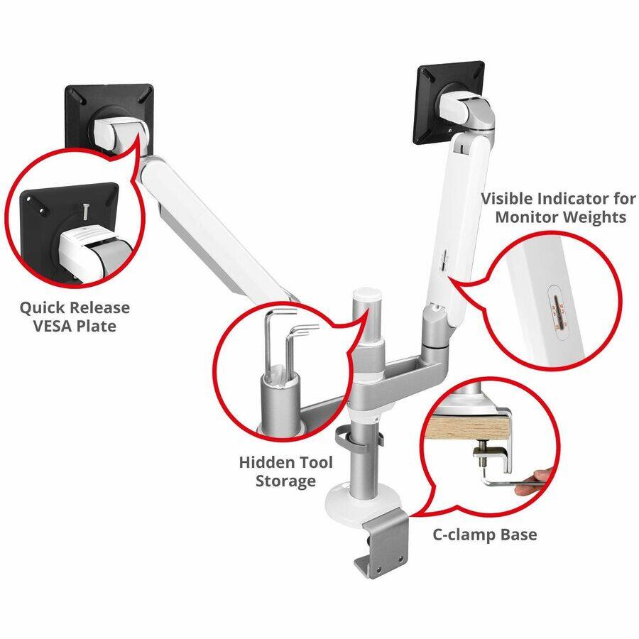 - Quick Release VESA Plate
- Visible Indicator for Monitor Weights
- Hidden Tool Storage
- C-clamp Base