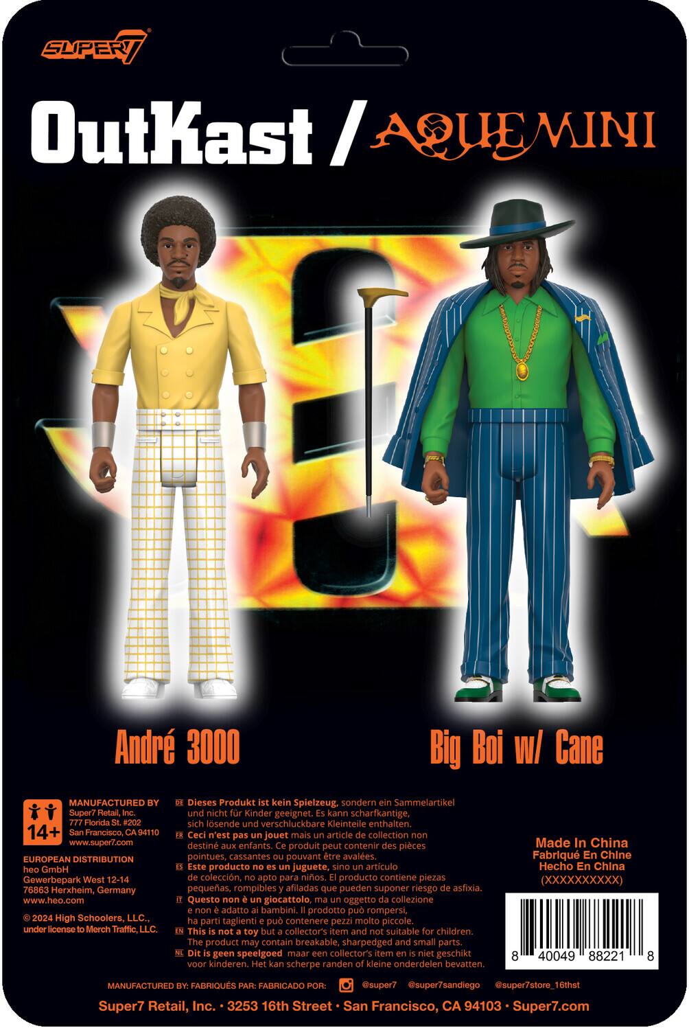 The text on the image can be grouped and corrected as follows:

**Product Information:**
- **Brand:** Super7
- **Product Name:** OutKast / AQUEMINI
- **Characters:** André 3000, Big Boi w/ Cane

**Manufacturing Details:**
- **Manufactured by:** Super7 Retail, Inc.
- **Address:** 3533 16th Street, San Francisco, CA 94110
- **Website:** www.super7.com
- **European Distribution:** heo GmbH, Gewerbepark West 12-14, 76863 Herxheim, Germany, www.heo.com
- **License:** High Schoolers, LLC., under license Merch Traffic

**Warnings and Age Recommendation:**
- **Age Recommendation:** 14+
- **Warning:** Dieses Produkt ist kein Spielzeug. sondern ein Sammelartikel Super7 Retail, Inc. und nicht für Kinder geeignet. Kann scharfkantige, mn Florida #202 sich lösende und verschluckbare Kleinteile enthalten.
- **Translation:** This is not a toy but a collectible item. It is not suitable for children. It may contain sharp, small, and detachable parts that can be swallowed.

**Additional Information:**
- **Made in China**
- **Barcode:** 8 40049 82212 8

**Social Media:**
- **Handles:** @Super7, @super7sandiego, @superstore_16thst

**Note:** The text mentions that the product is a collectible item and not suitable for children due to potential small, sharp parts.
