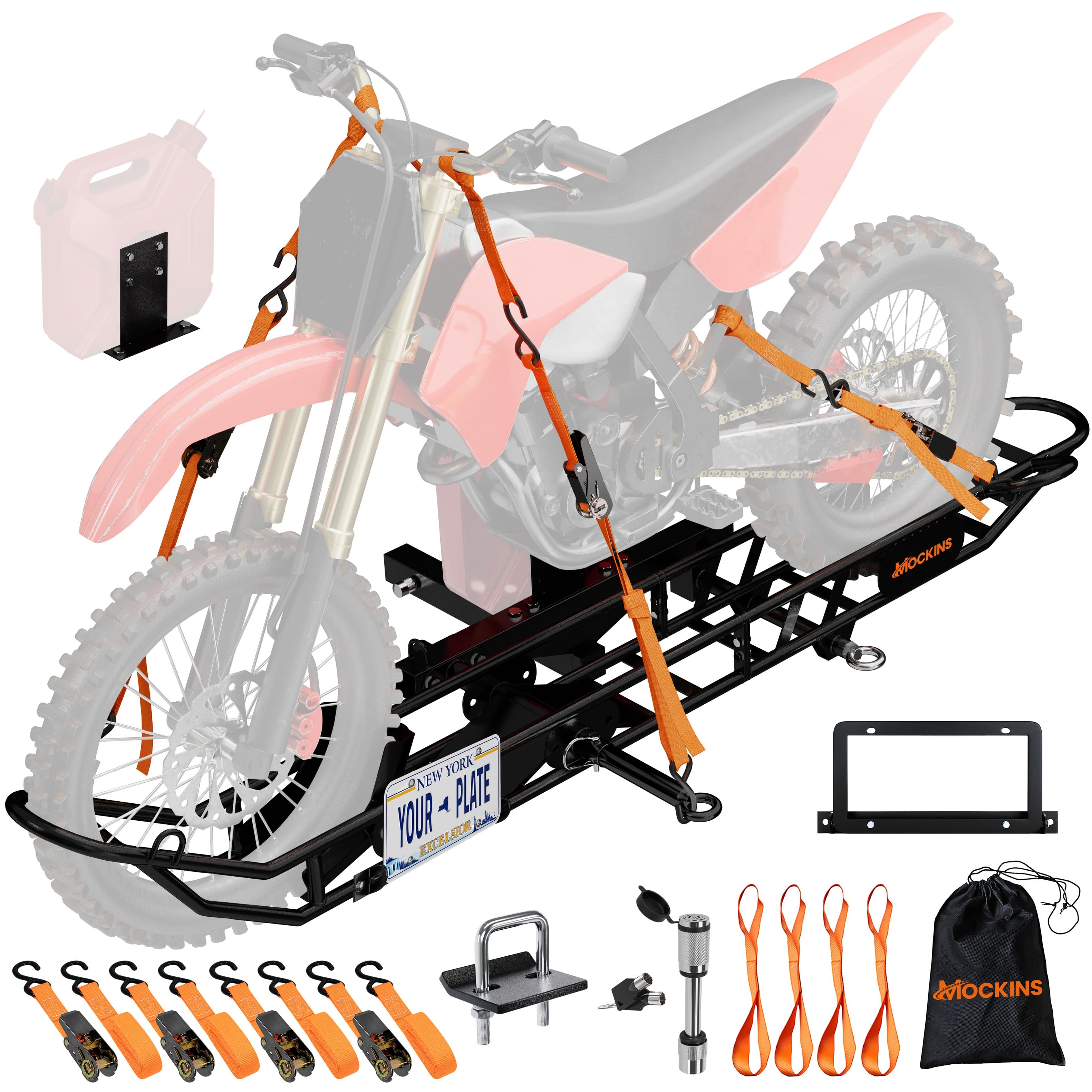 Mockins - 83 in. x 6 in. Dirt Bike Trailer Hitch Carrier with Tilting Loading Ramp, License Plate Bracket and Accessories