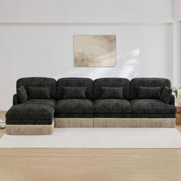 Anysun - 131" Chenille Leopard L-Shaped Sofa, Tassel Edge, Movable Ottoman, Ergonomic, Easy Assembly, Deep Seat - Black